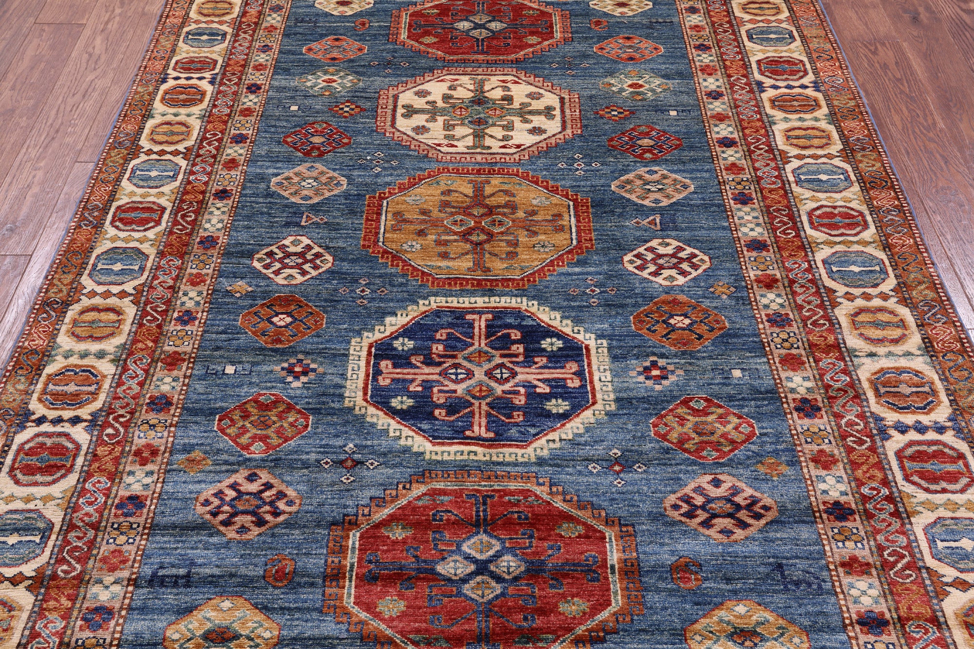 Blue Super Kazak Hand Knotted Wool Rug - 5' 7" X 7' 10" - Golden Nile