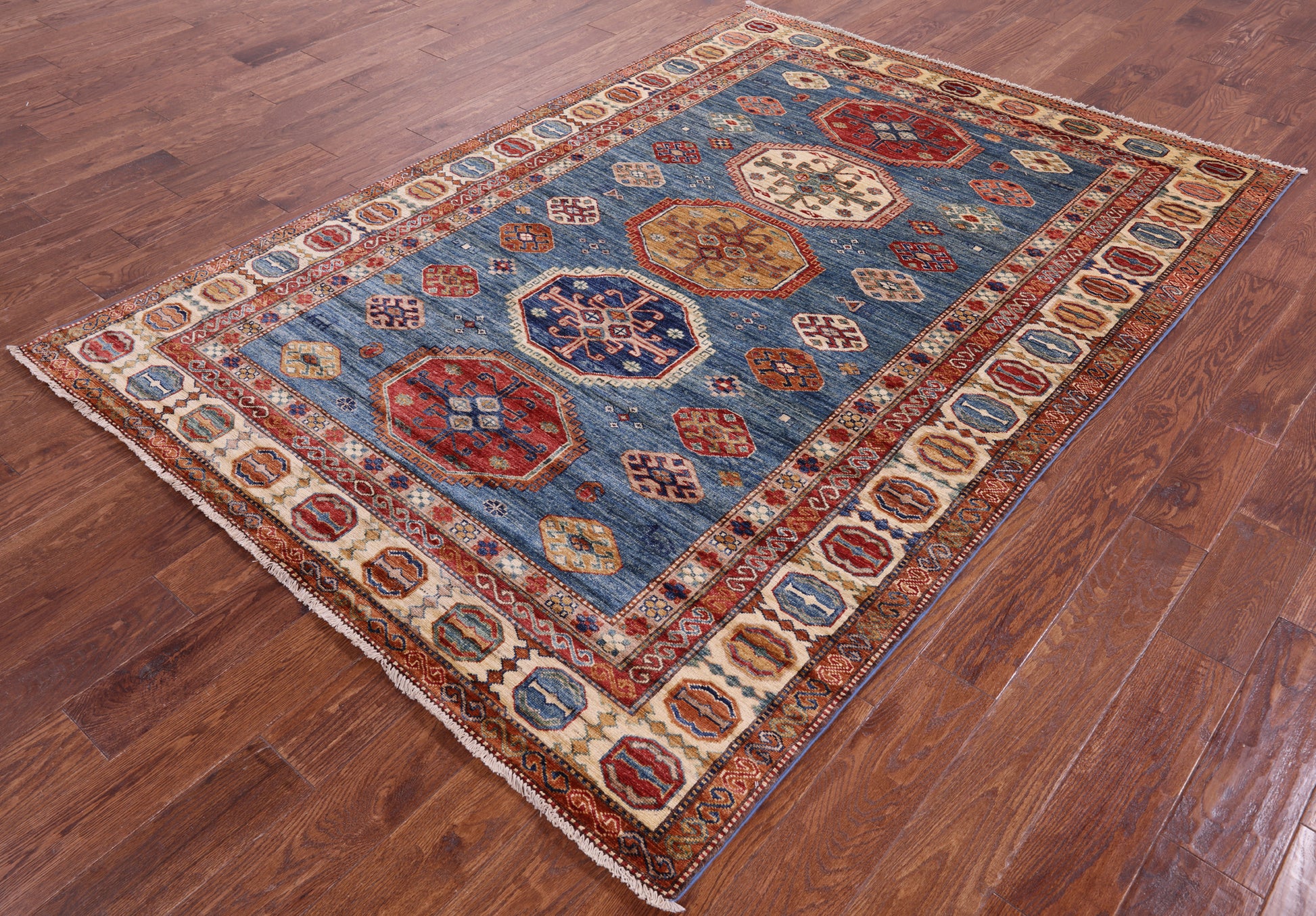 Blue Super Kazak Hand Knotted Wool Rug - 5' 7" X 7' 10" - Golden Nile