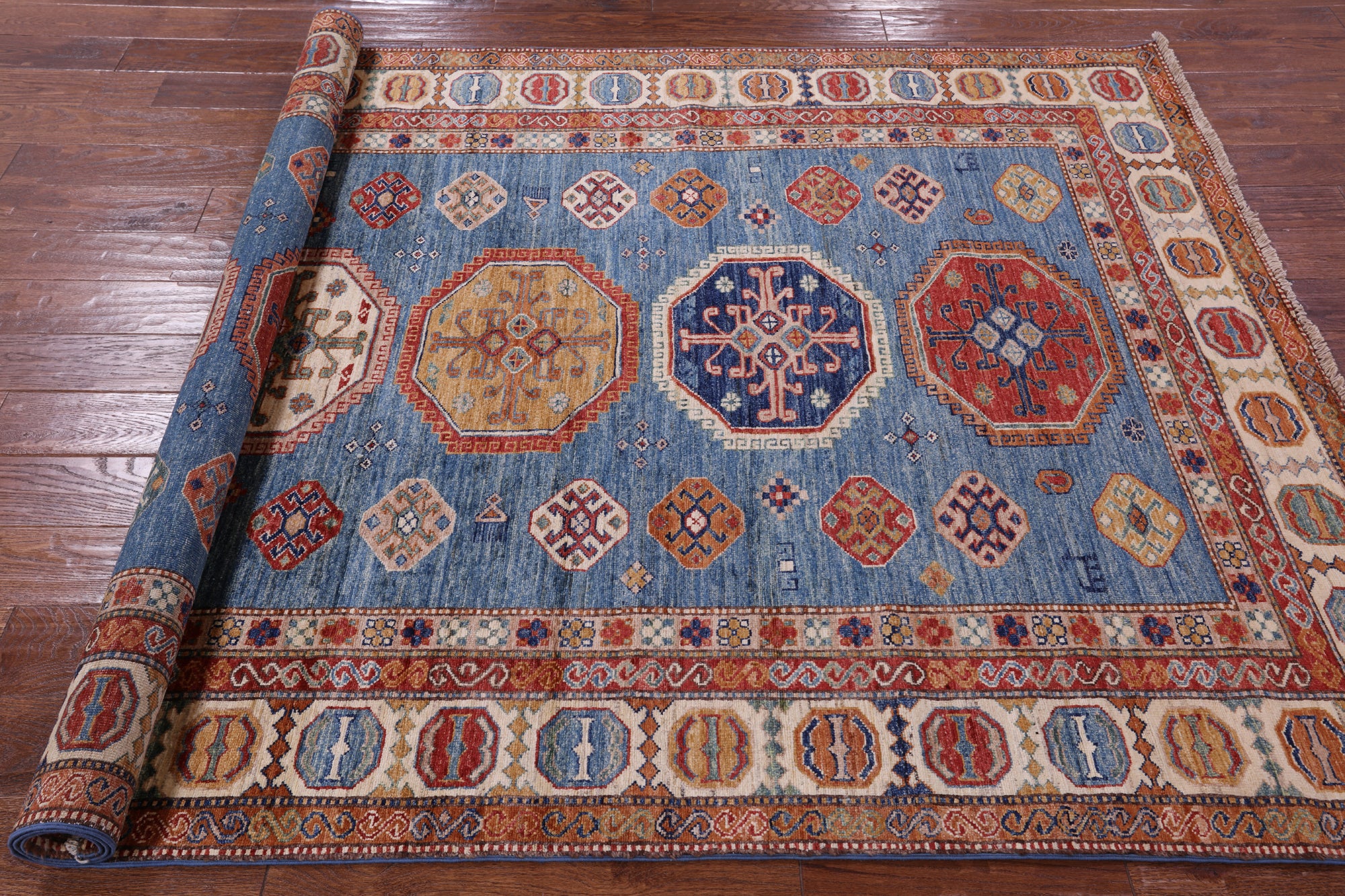 Blue Super Kazak Hand Knotted Wool Rug - 5' 7" X 7' 10" - Golden Nile