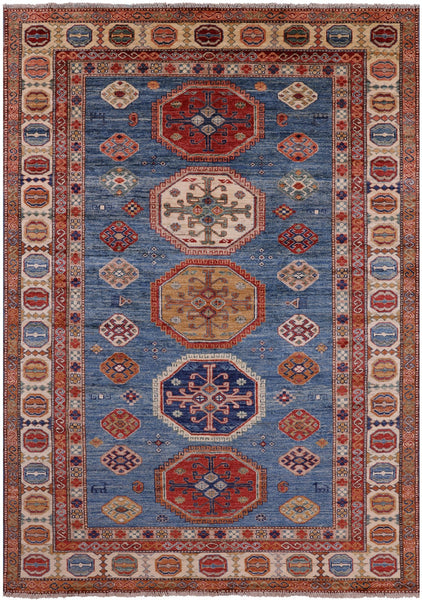 Blue Super Kazak Hand Knotted Wool Rug - 5' 7" X 7' 10" - Golden Nile