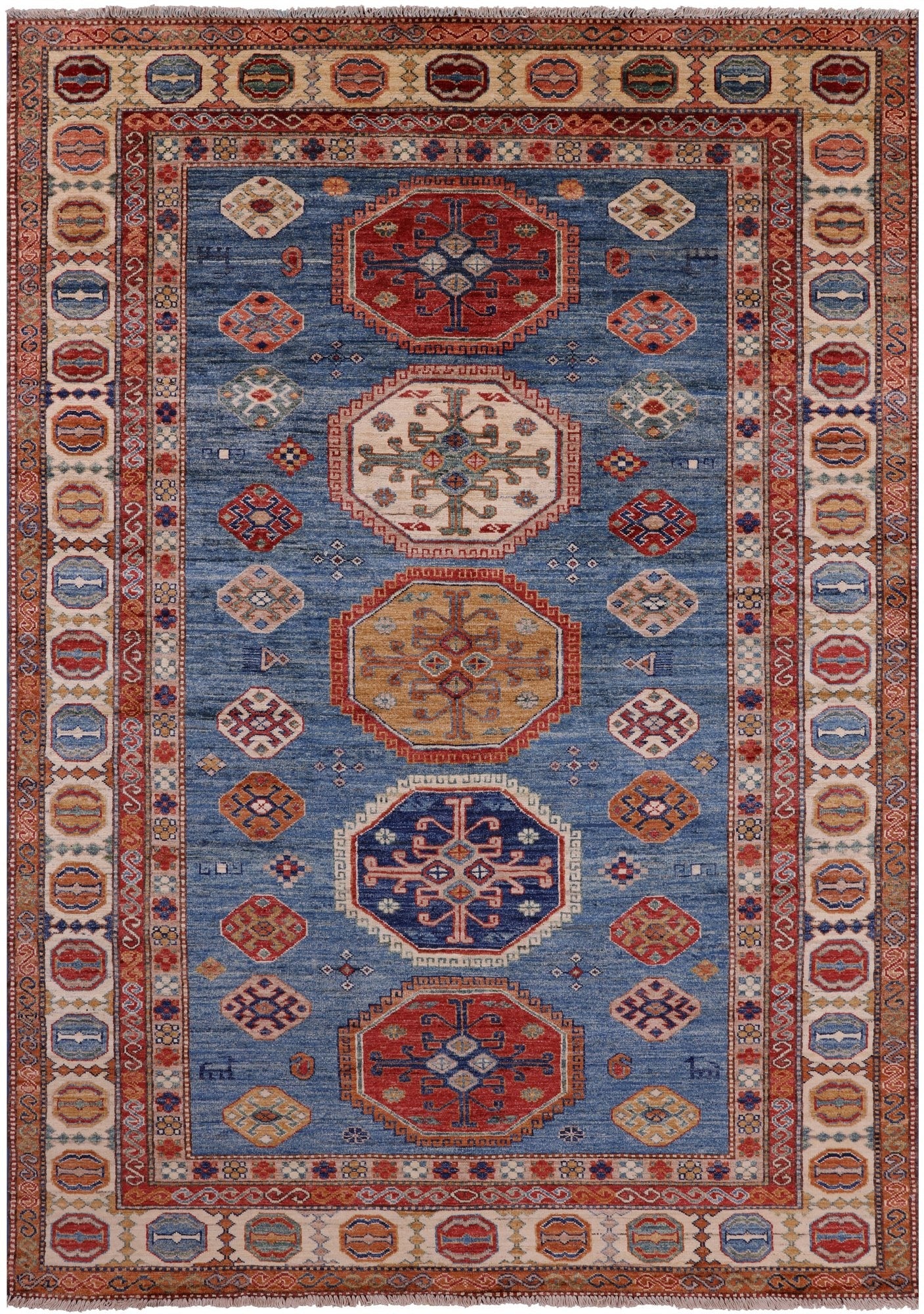 Blue Super Kazak Hand Knotted Wool Rug - 5' 7" X 7' 10" - Golden Nile