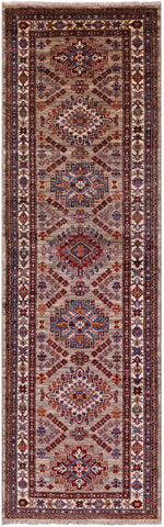 Super Kazak Hand Knotted Wool Runner Rug - 2' 10