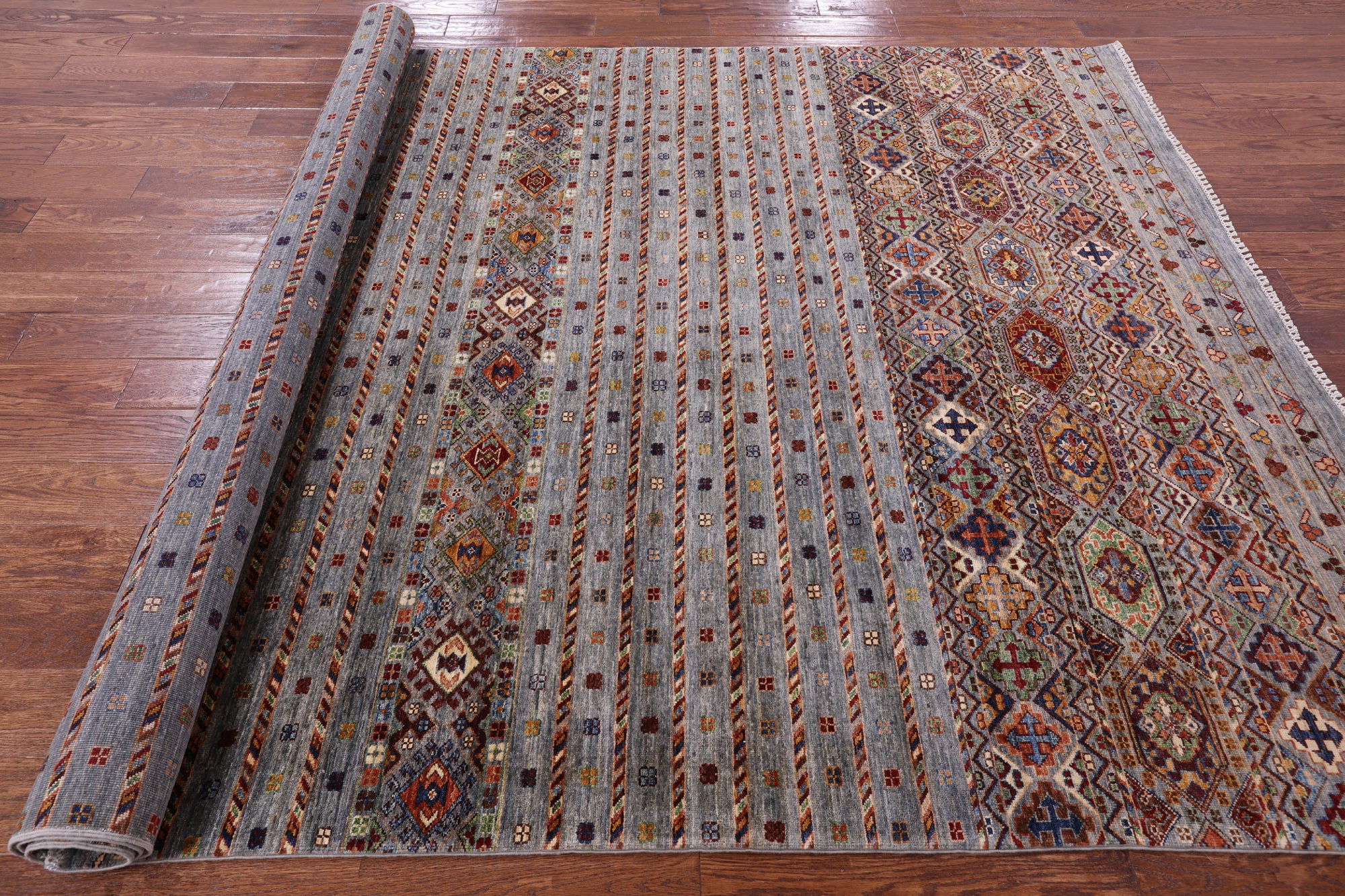 Grey Khorjin Persian Gabbeh Handmade Wool Rug - 6' 10" X 10' 2" - Golden Nile
