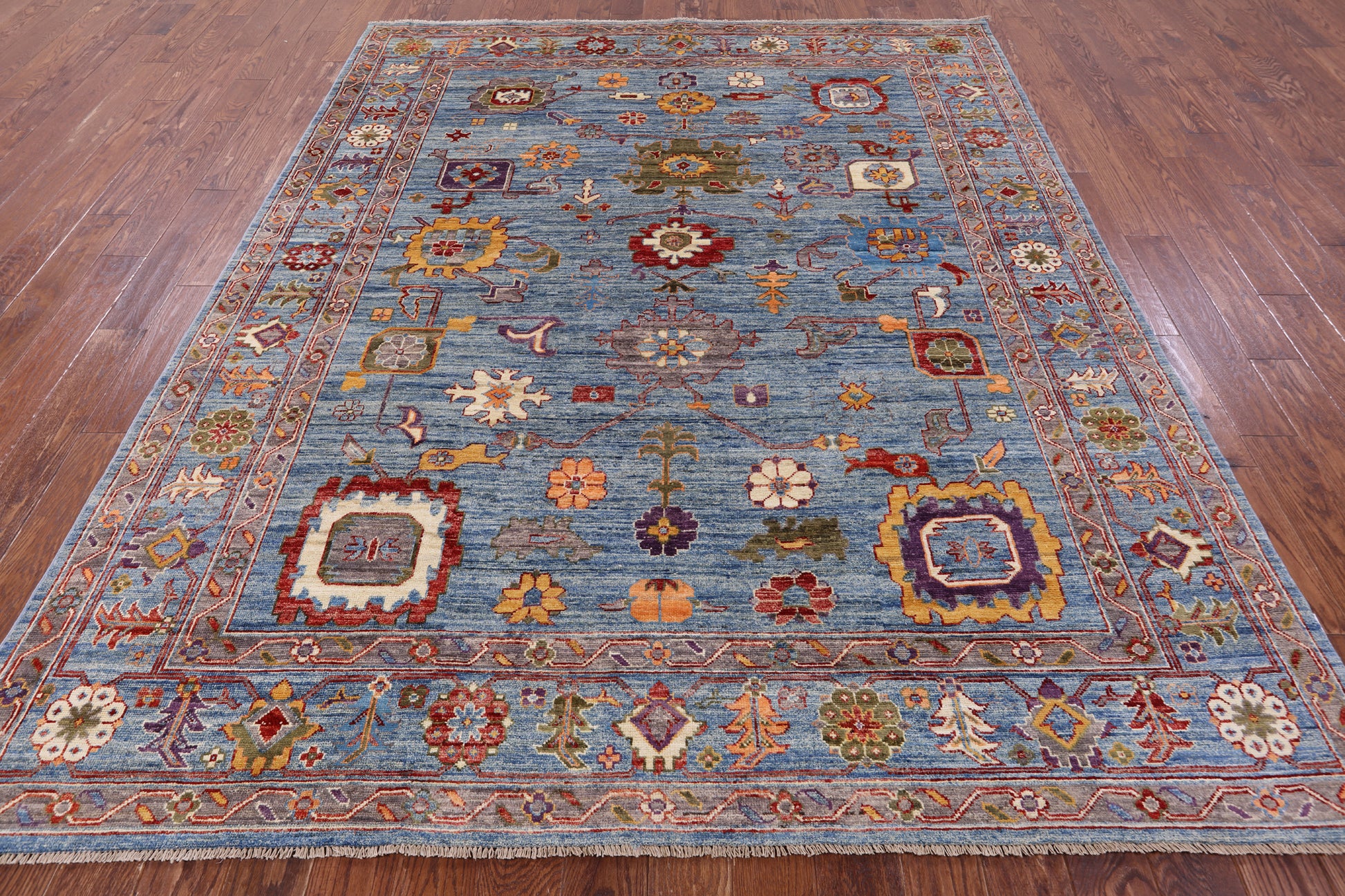 Blue Turkish Oushak Hand Knotted Wool Rug - 7' 10" X 9' 9" - Golden Nile