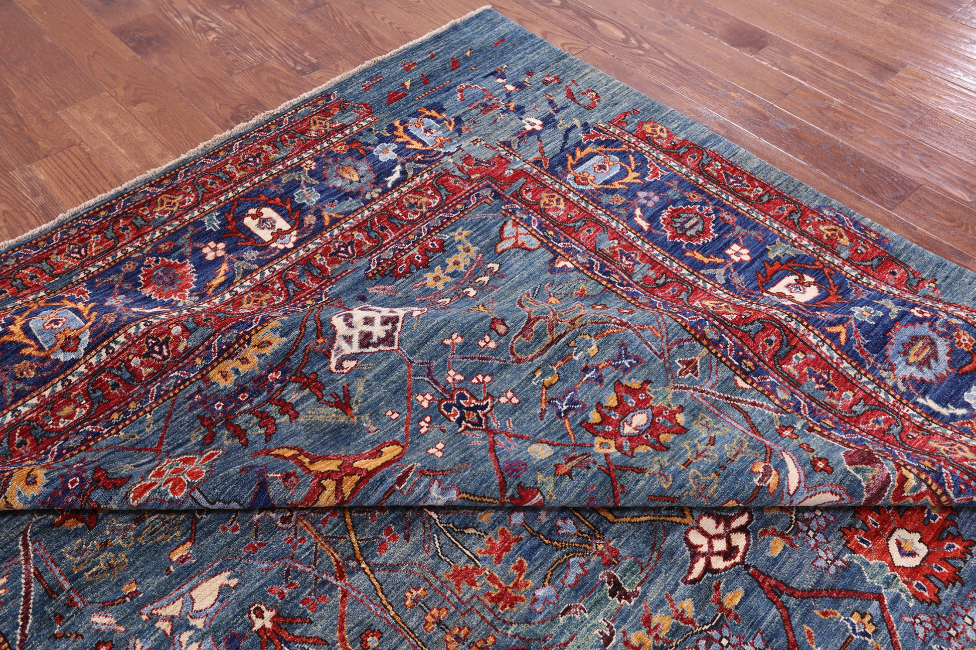 Blue Persian Fine Serapi Hand Knotted Wool Rug - 9' 0" X 11' 11" - Golden Nile