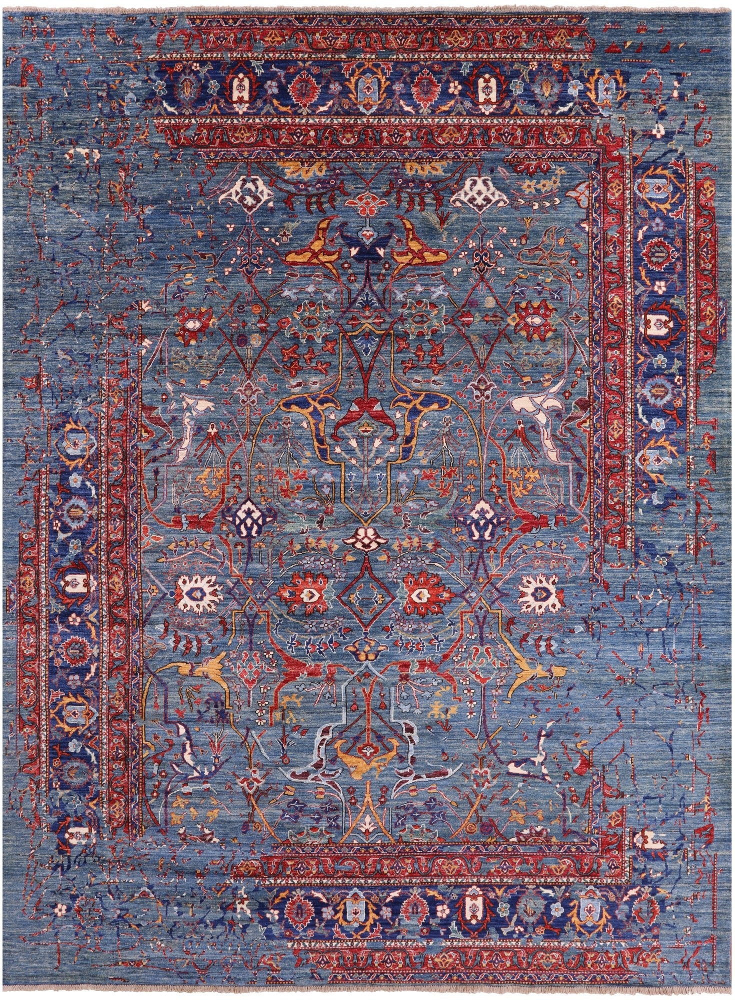 Blue Persian Fine Serapi Hand Knotted Wool Rug - 9' 0" X 11' 11" - Golden Nile