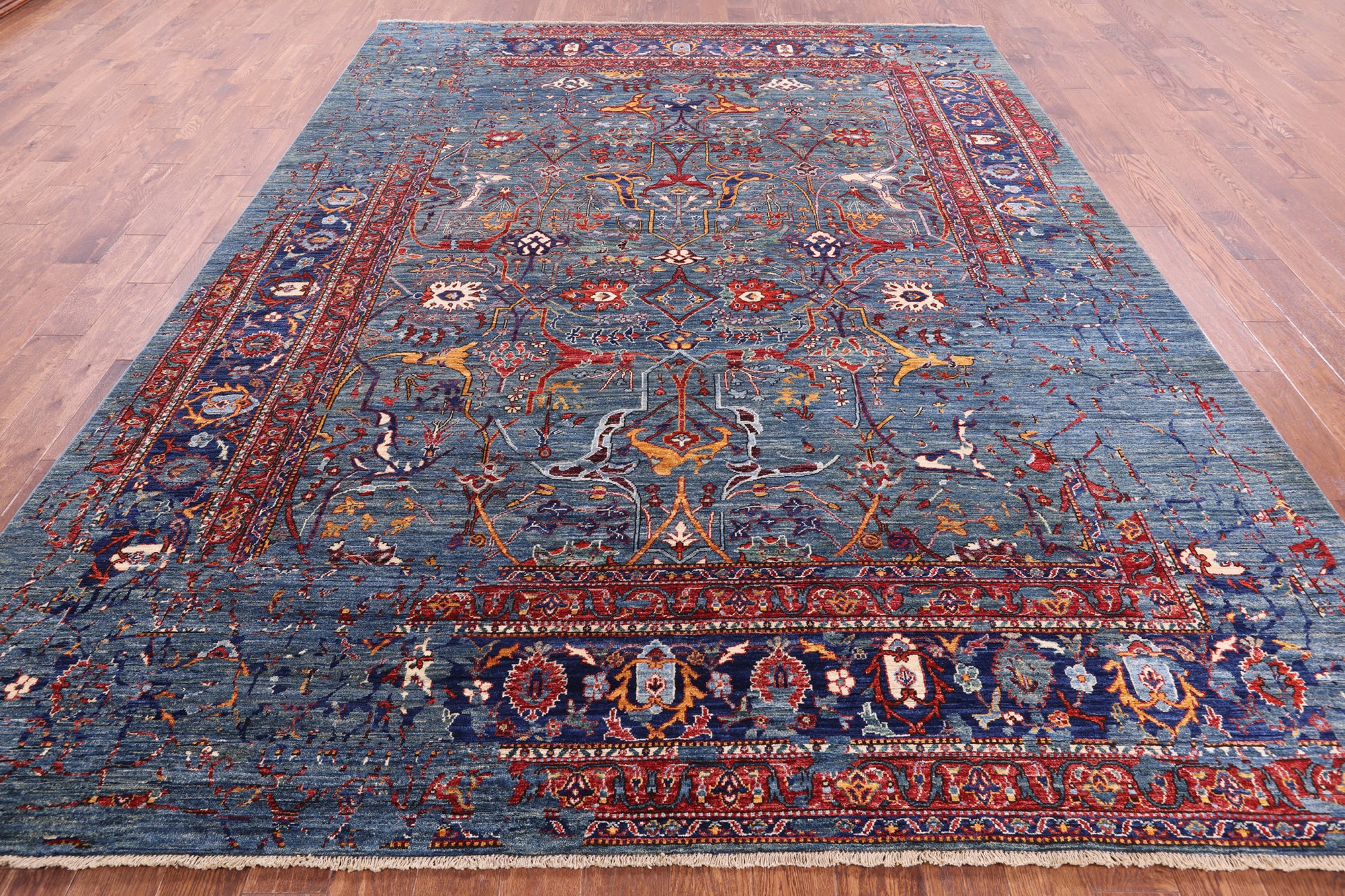 Blue Persian Fine Serapi Hand Knotted Wool Rug - 9' 0" X 11' 11" - Golden Nile