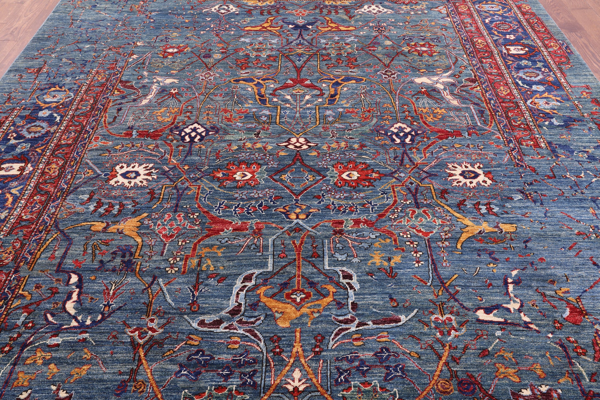 Blue Persian Fine Serapi Hand Knotted Wool Rug - 9' 0" X 11' 11" - Golden Nile