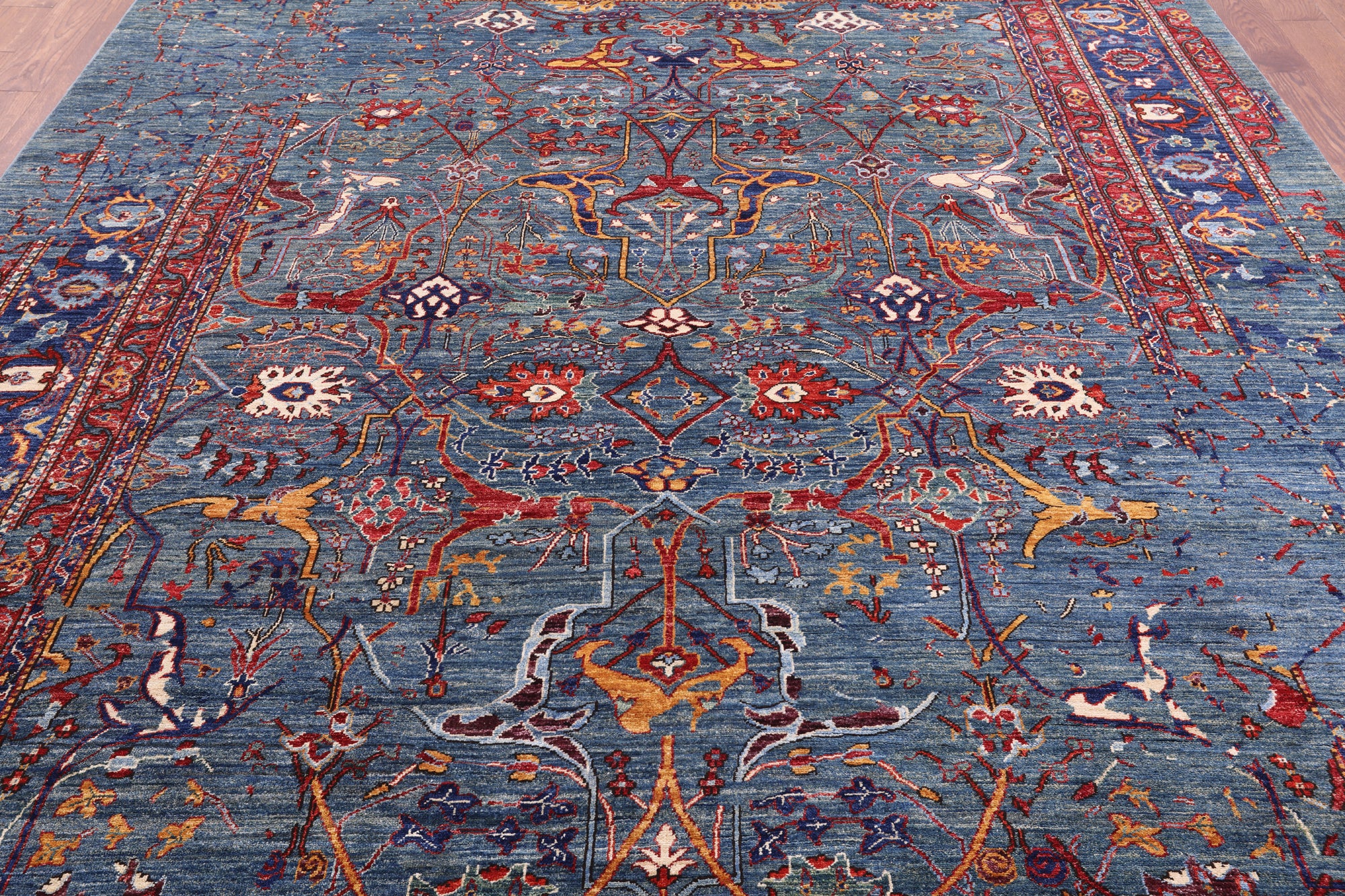 Blue Persian Fine Serapi Hand Knotted Wool Rug - 9' 0" X 11' 11" - Golden Nile
