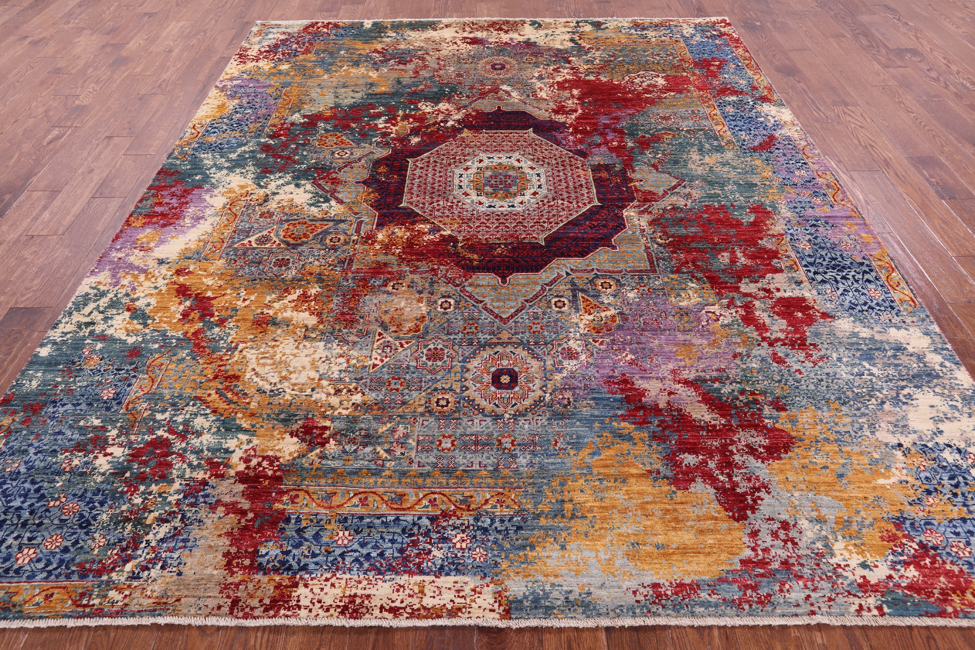 Geometric Persian Mamluk Hand Knotted Wool Rug - 8' 5" X 10' 0" - Golden Nile