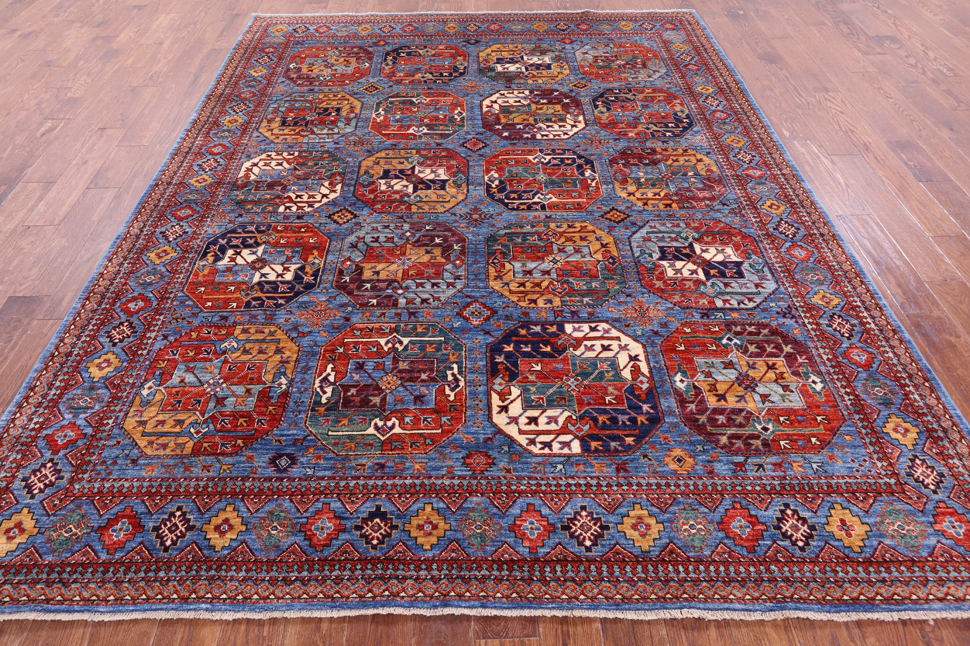 Blue Turkmen Ersari Handmade Wool Rug - 7' 11" X 10' 0" - Golden Nile