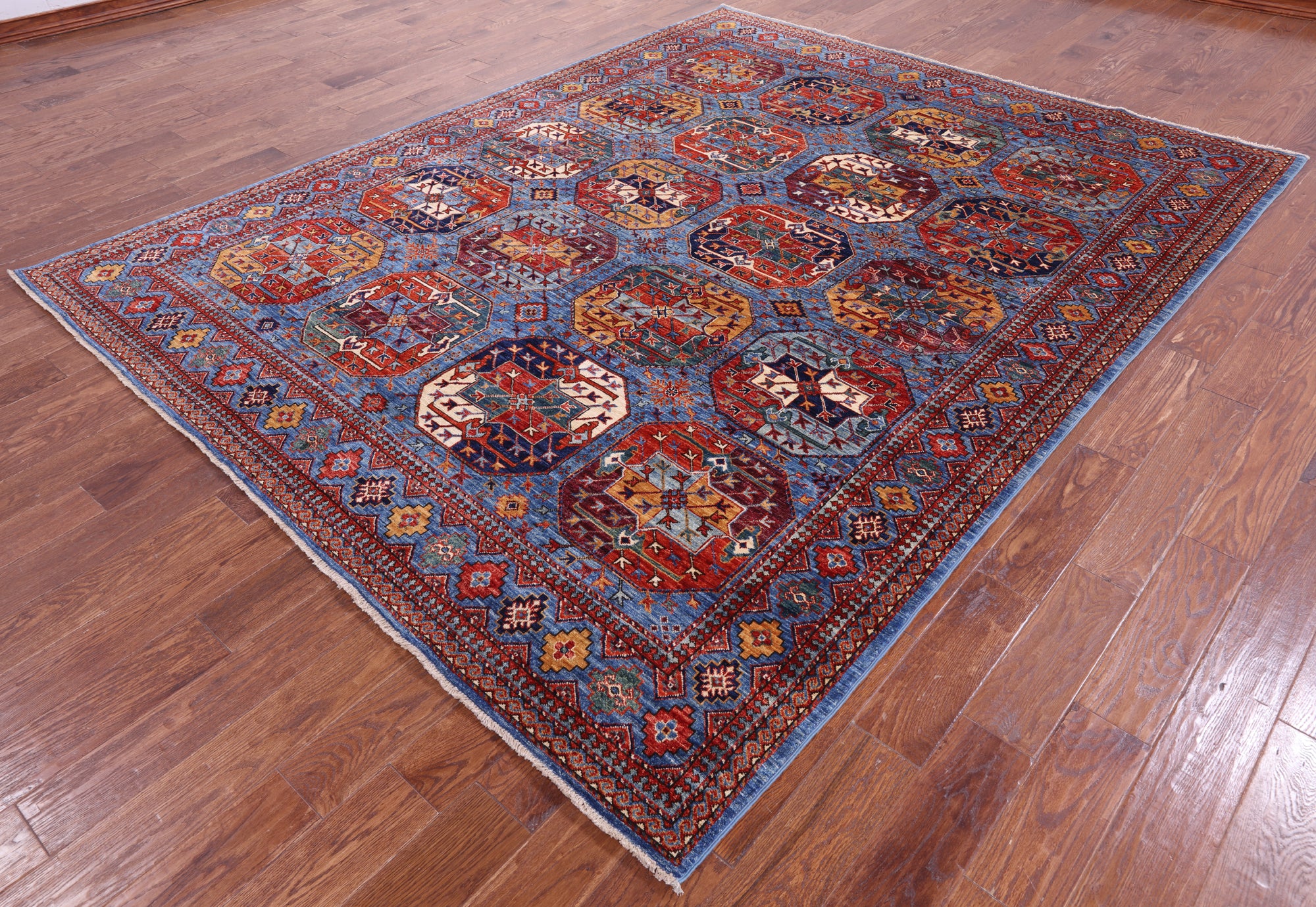Blue Turkmen Ersari Handmade Wool Rug - 7' 11" X 10' 0" - Golden Nile