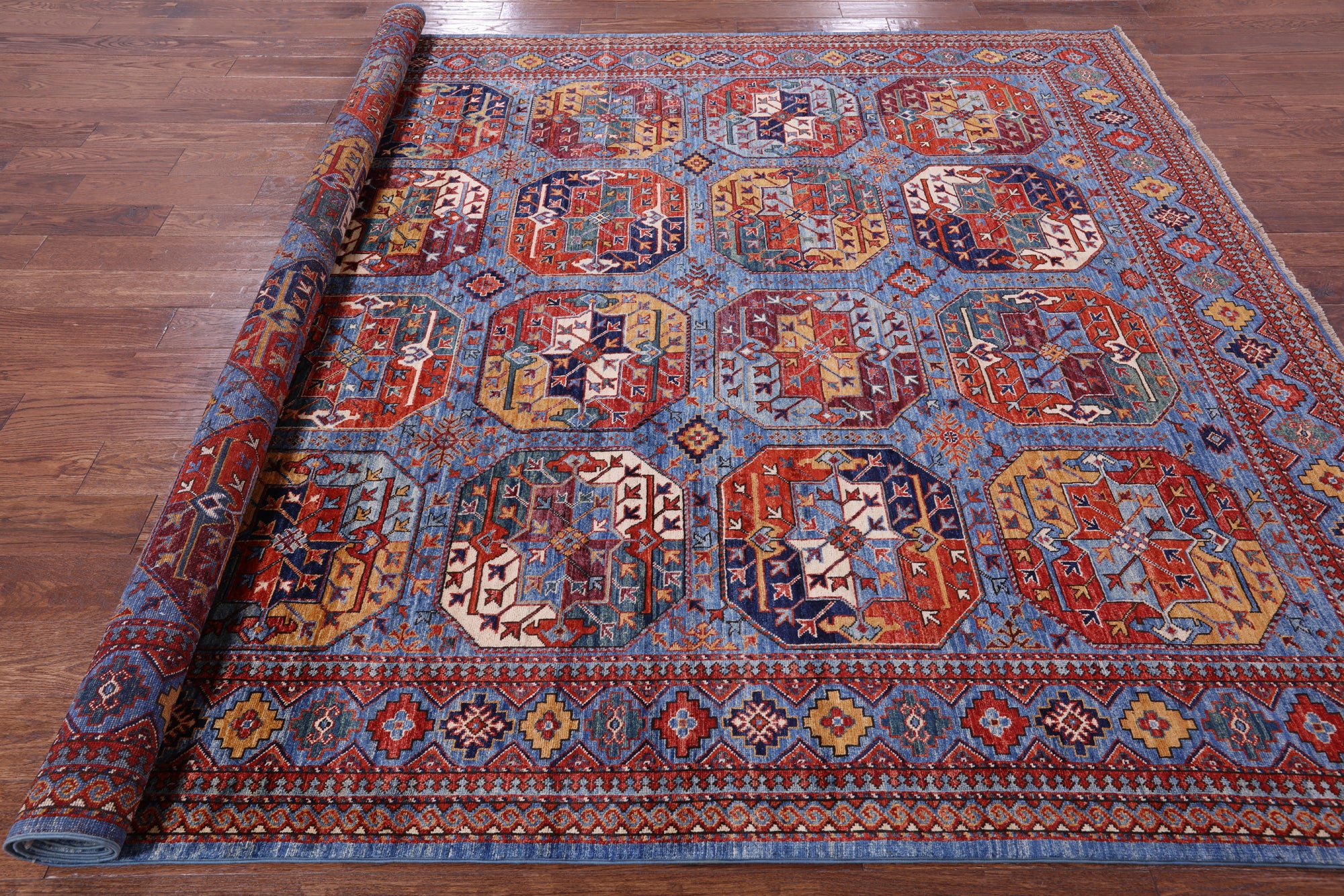 Blue Turkmen Ersari Handmade Wool Rug - 7' 11" X 10' 0" - Golden Nile