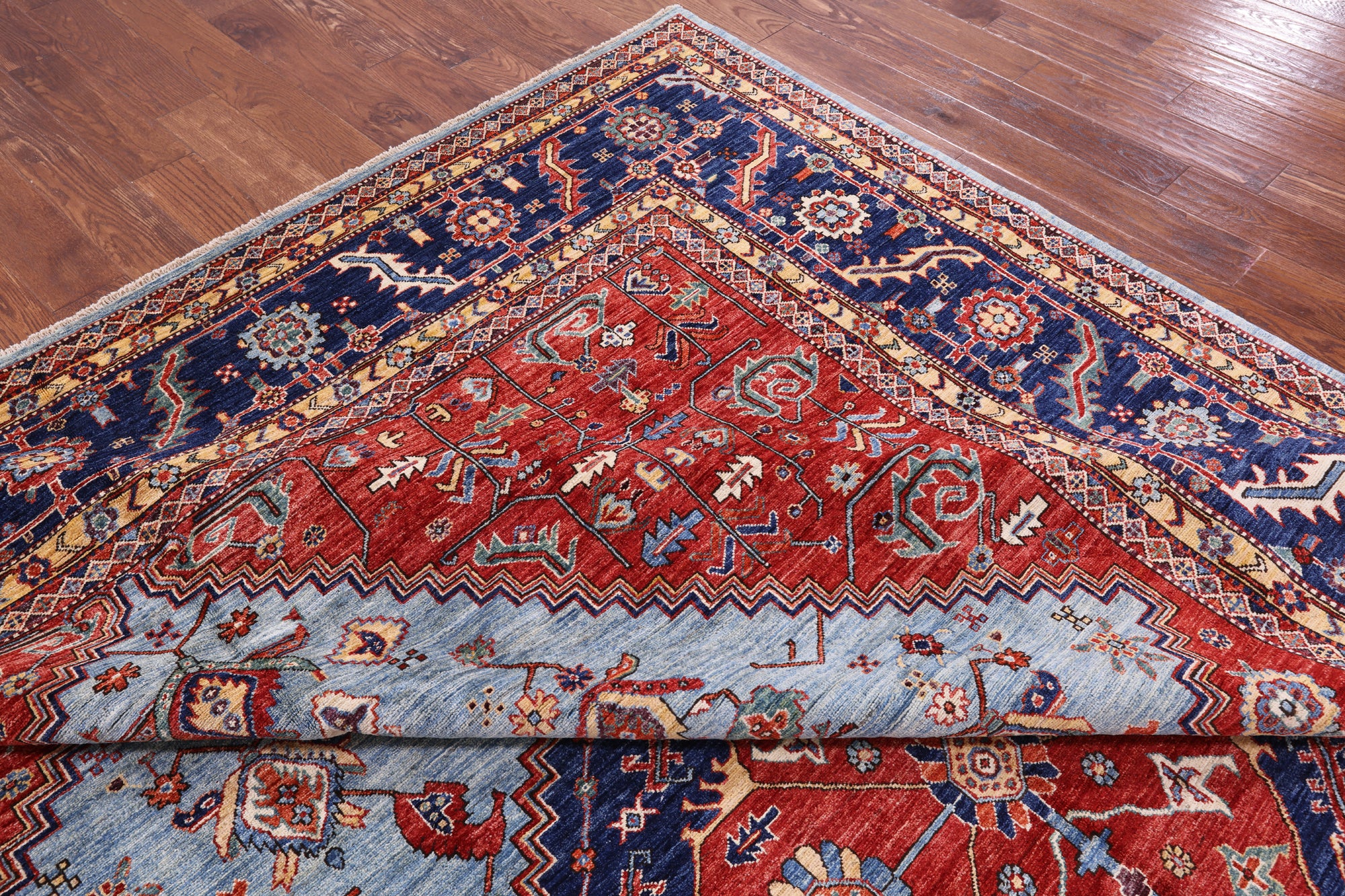 Blue Persian Fine Serapi Hand Knotted Wool Rug - 9' 10" X 13' 7" - Golden Nile