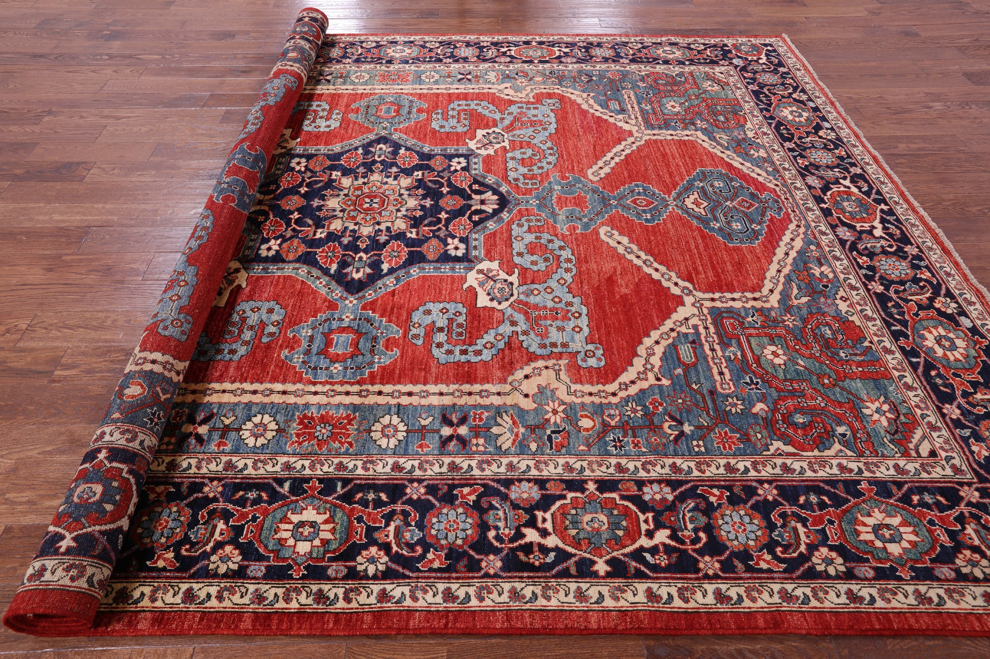 Red Persian Fine Serapi Handmade Wool Rug - 8' 11" X 12' 1" - Golden Nile