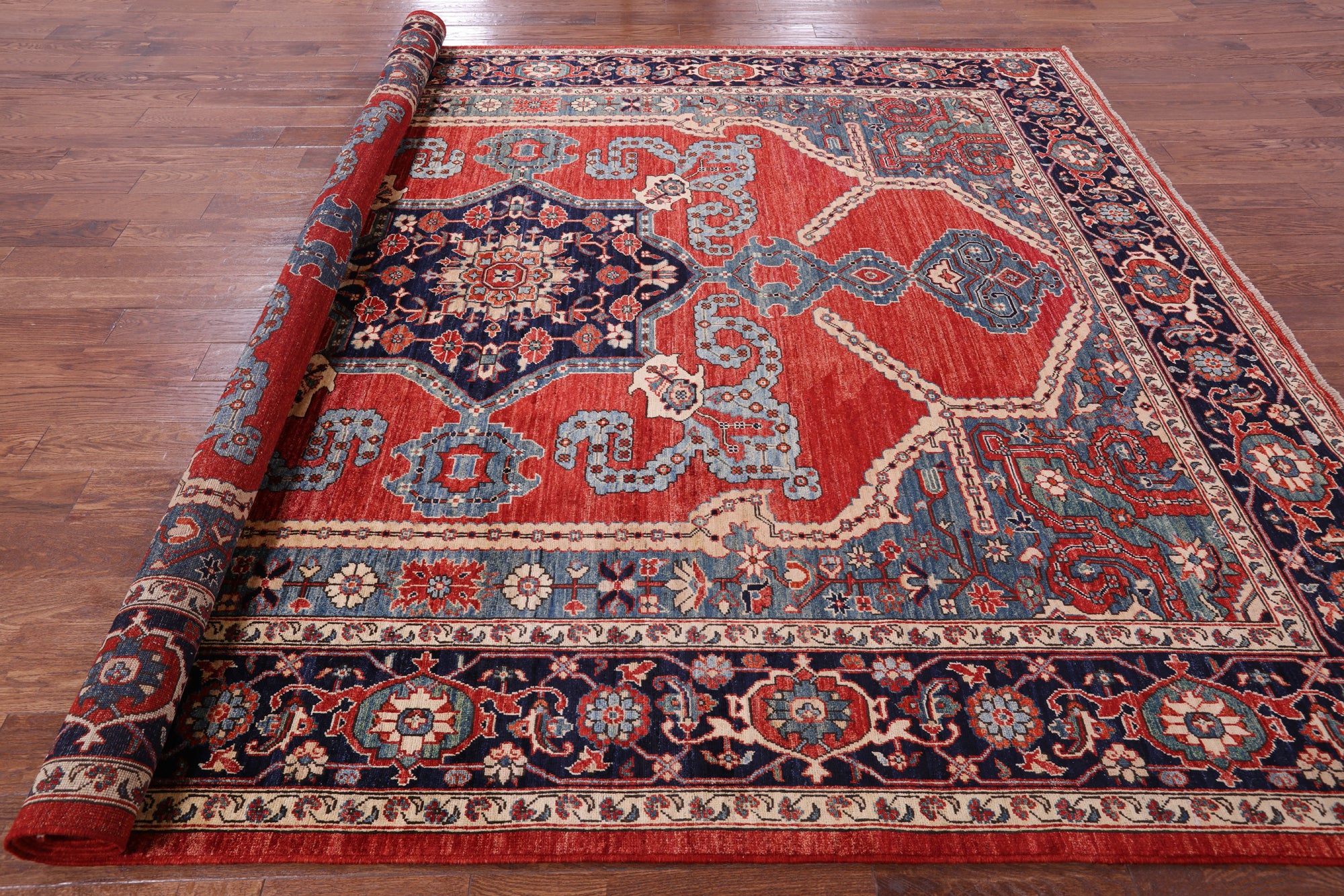 Red Persian Fine Serapi Handmade Wool Rug - 8' 11" X 12' 1" - Golden Nile