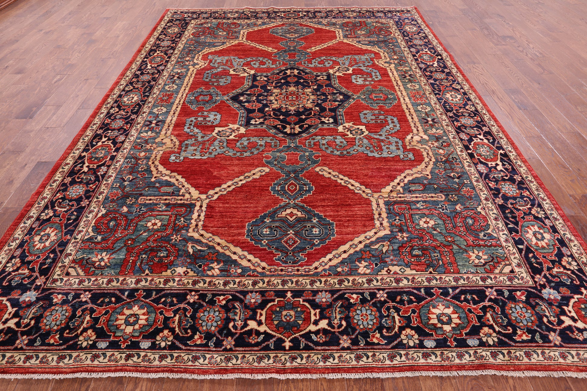 Red Persian Fine Serapi Handmade Wool Rug - 8' 11" X 12' 1" - Golden Nile