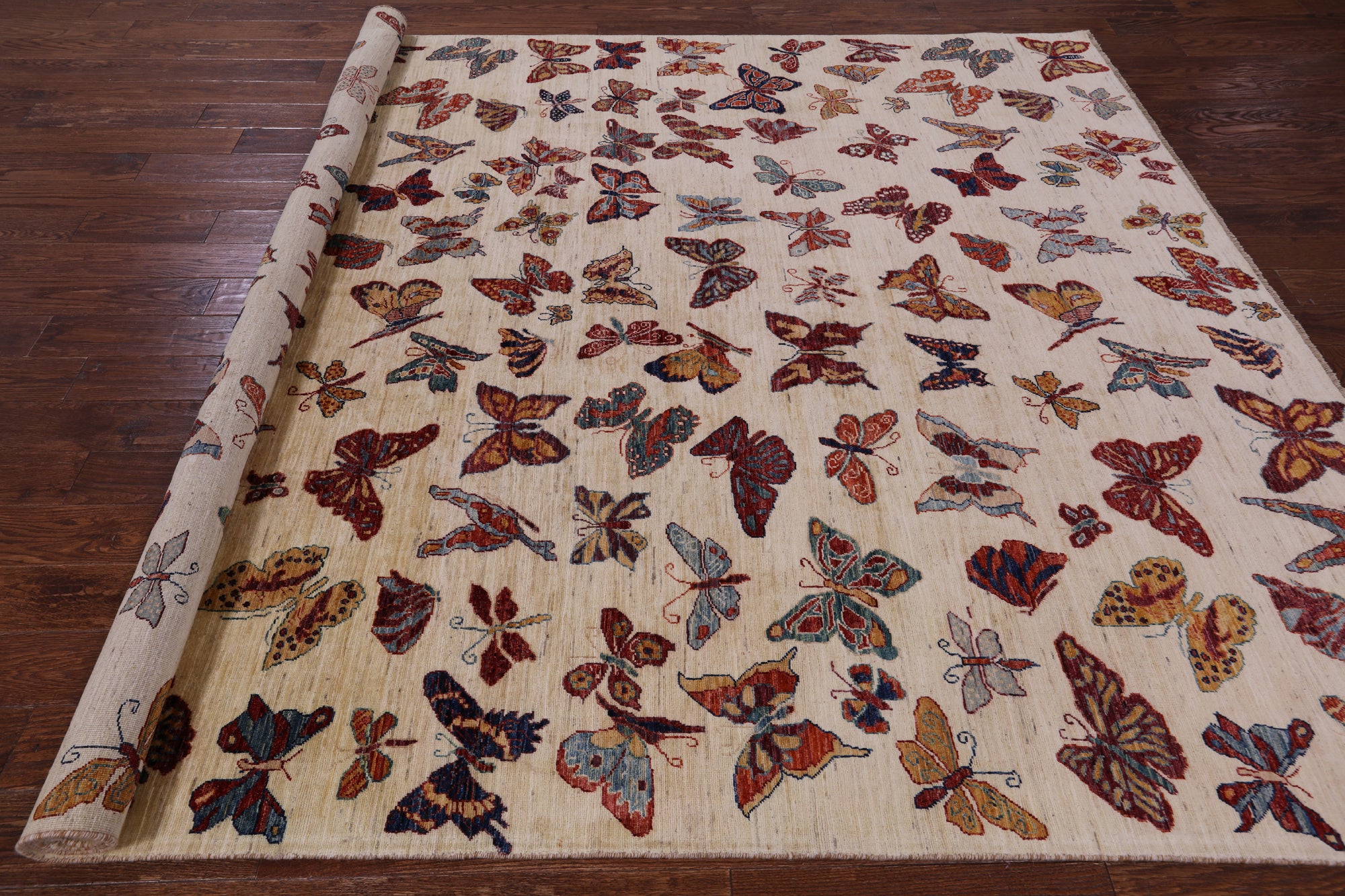 Ivory Butterflies Design Persian Gabbeh Hand Knotted Wool Rug - 8' 0" X 9' 10" - Golden Nile