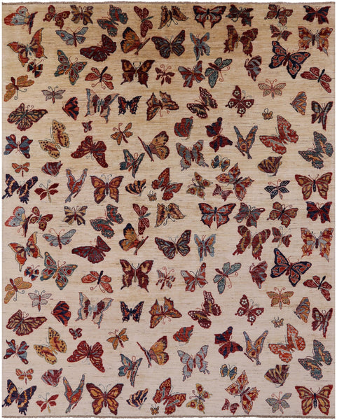 Ivory Butterflies Design Persian Gabbeh Hand Knotted Wool Rug - 8' 0" X 9' 10" - Golden Nile