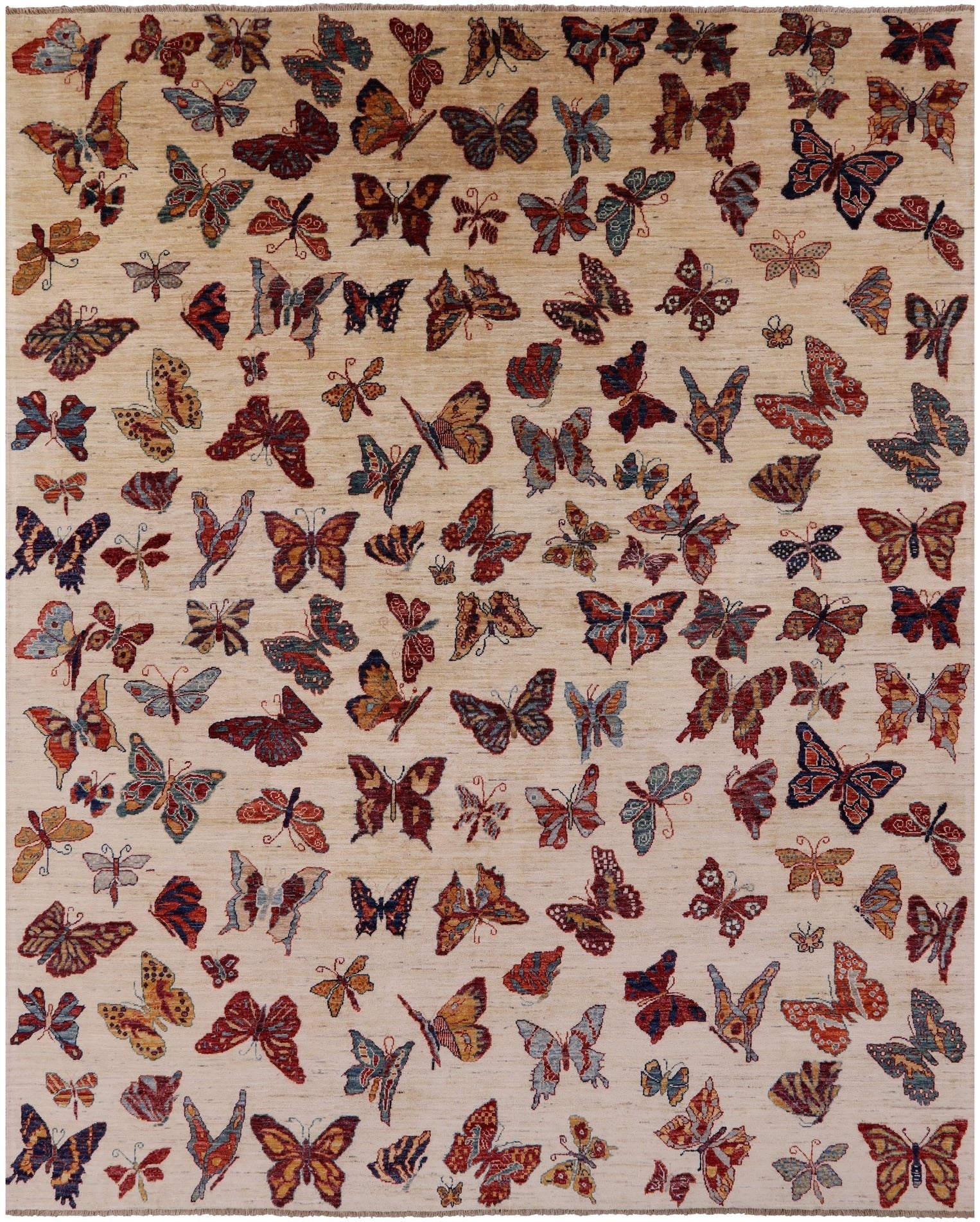 Ivory Butterflies Design Persian Gabbeh Hand Knotted Wool Rug - 8' 0" X 9' 10" - Golden Nile
