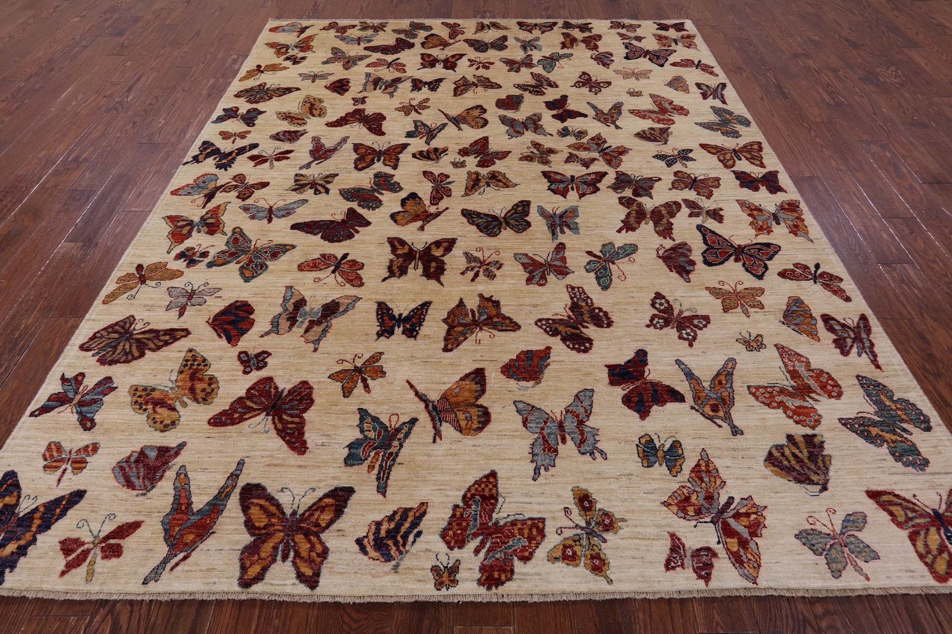 Ivory Butterflies Design Persian Gabbeh Hand Knotted Wool Rug - 8' 0" X 9' 10" - Golden Nile