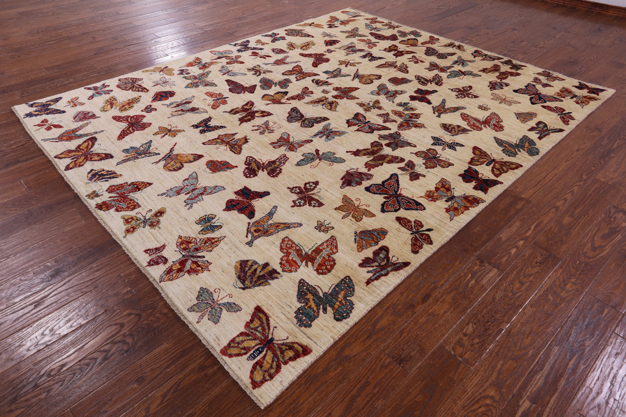 Ivory Butterflies Design Persian Gabbeh Hand Knotted Wool Rug - 8' 0" X 9' 10" - Golden Nile