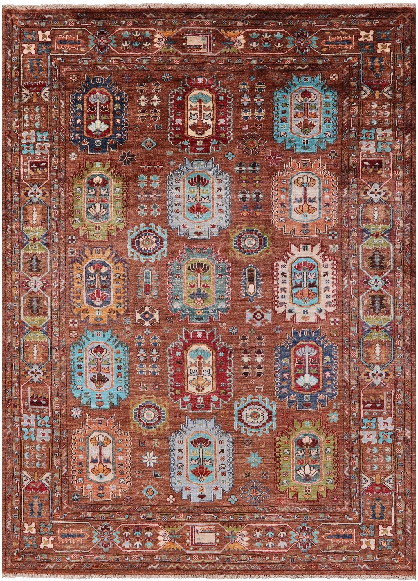 Brown Turkmen Ersari Handmade Wool Rug - 5' 7" X 7' 7" - Golden Nile