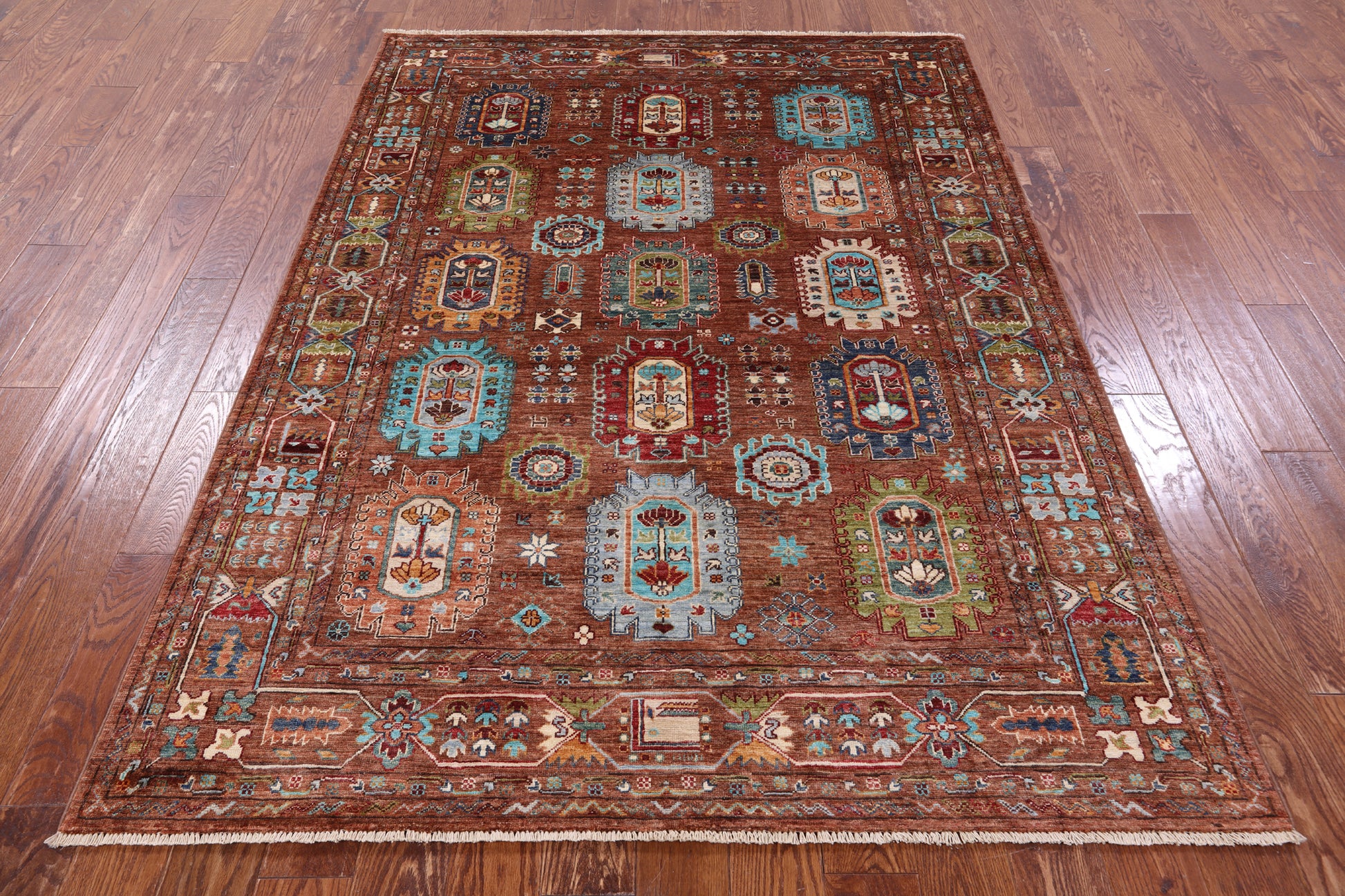 Brown Turkmen Ersari Handmade Wool Rug - 5' 7" X 7' 7" - Golden Nile