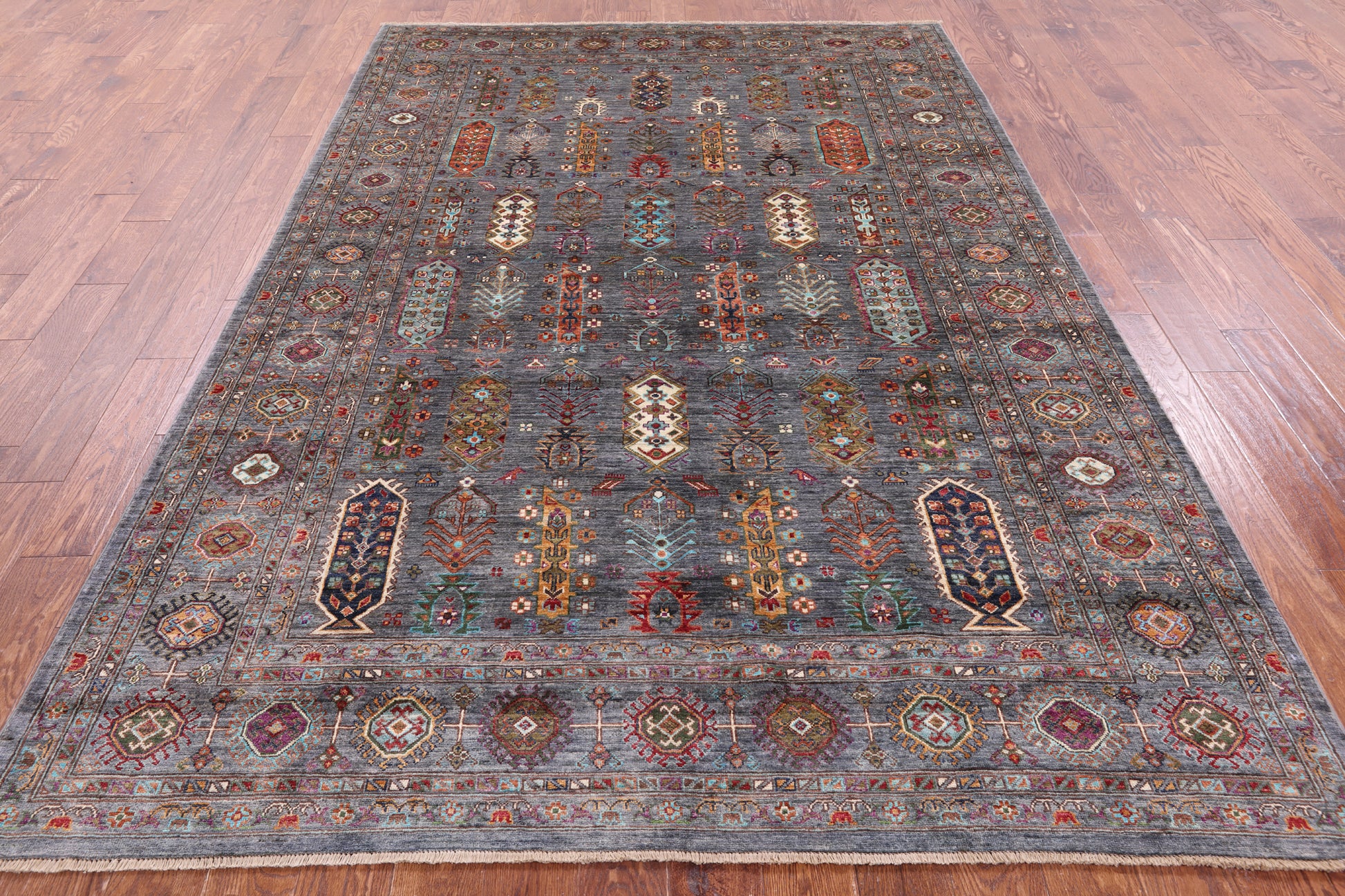 Grey Turkmen Ersari  Hand Knotted Wool Rug - 6' 7" X 9' 9" - Golden Nile