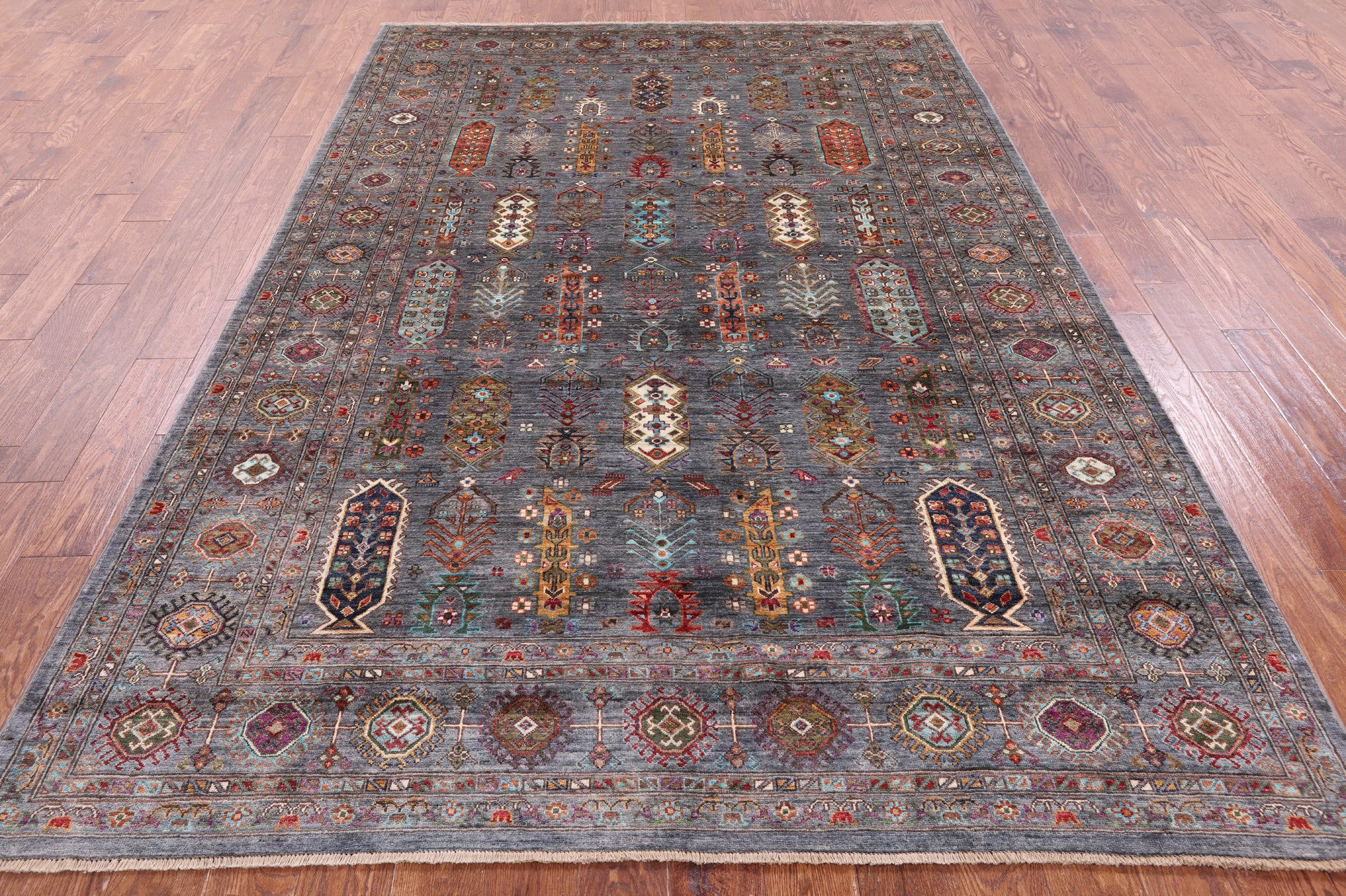 Grey Turkmen Ersari  Hand Knotted Wool Rug - 6' 7" X 9' 9" - Golden Nile