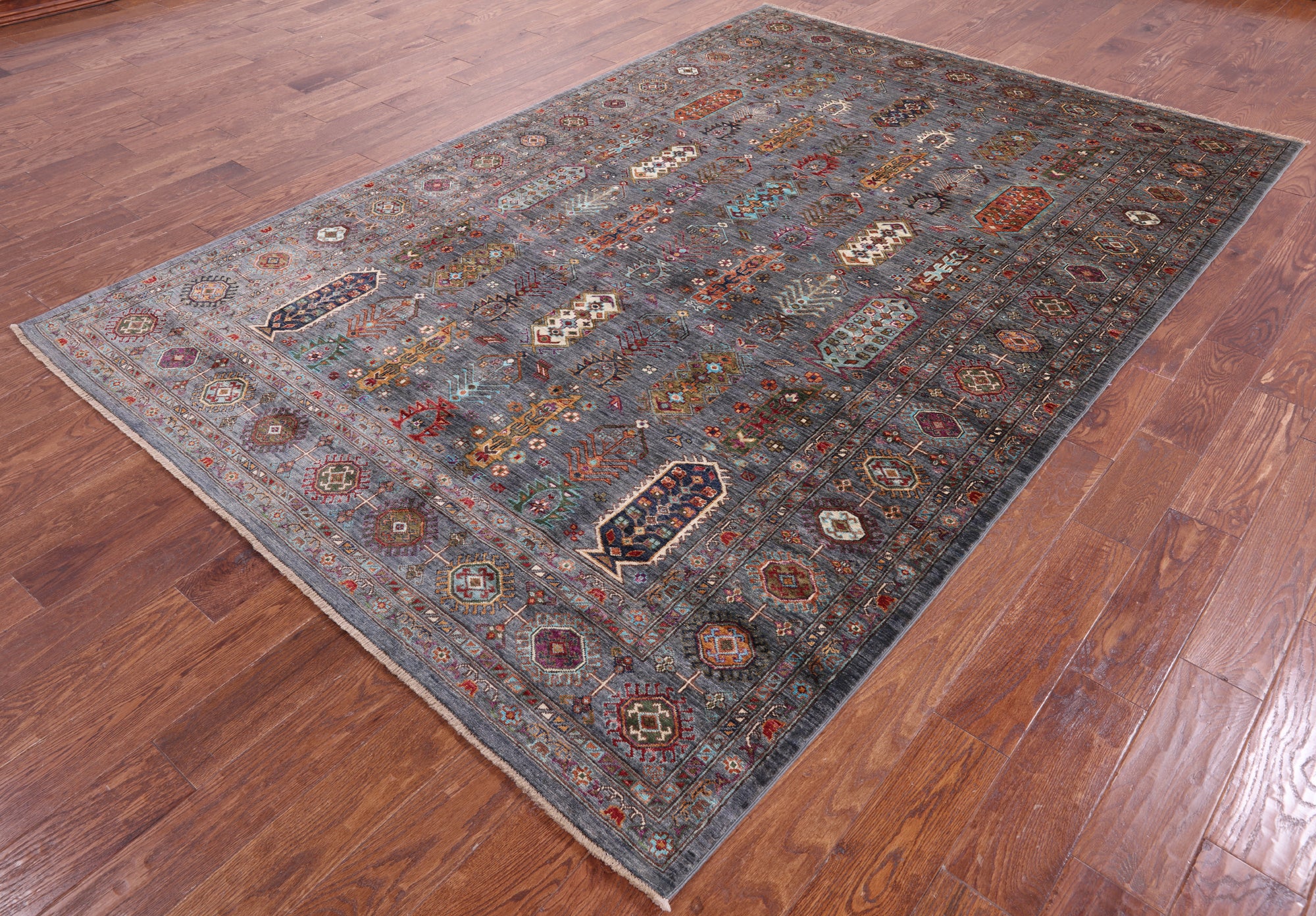 Grey Turkmen Ersari  Hand Knotted Wool Rug - 6' 7" X 9' 9" - Golden Nile