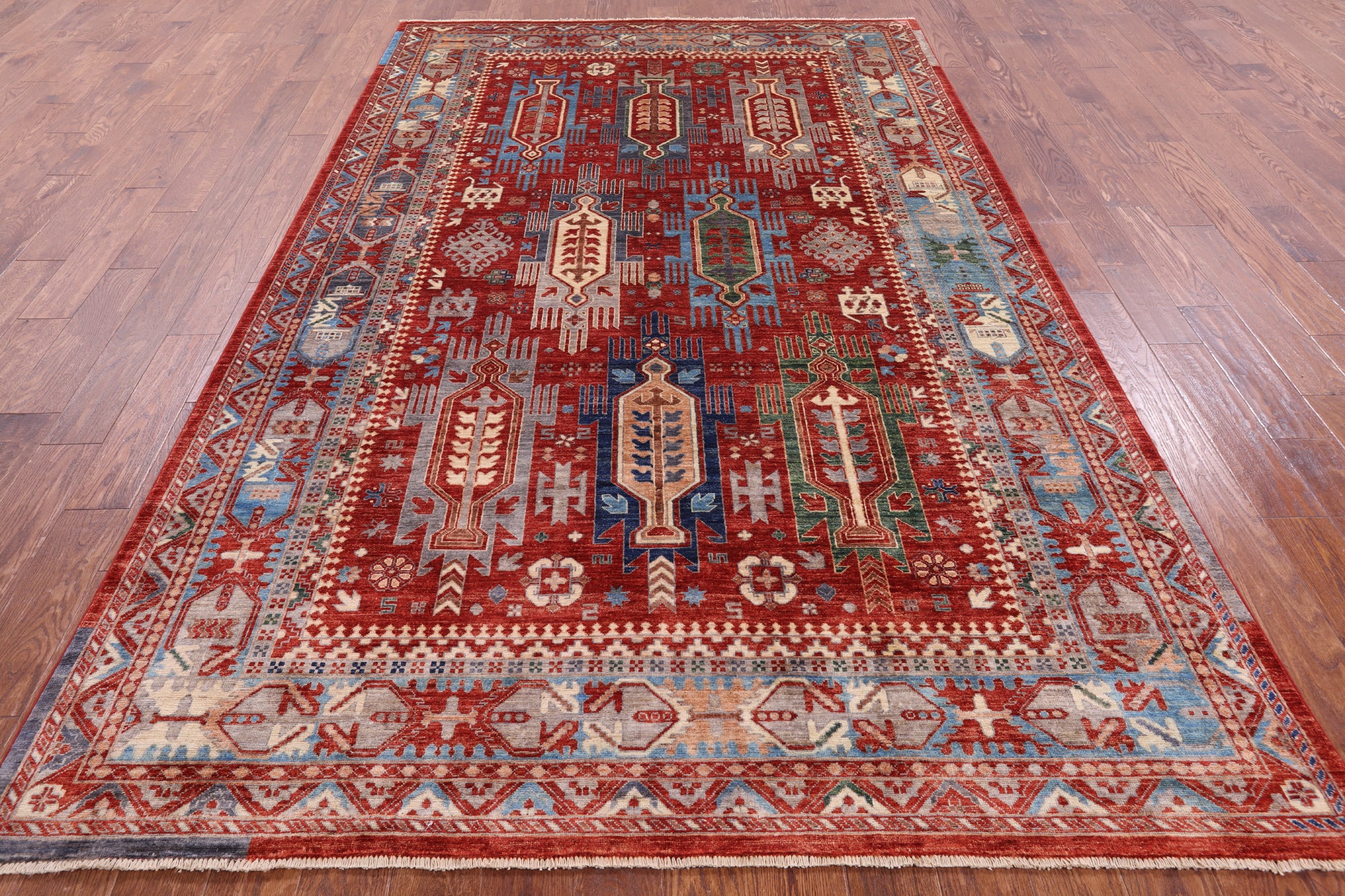 Red Persian Fine Serapi Hand Knotted Wool Rug - 6' 7" X 10' 7" - Golden Nile