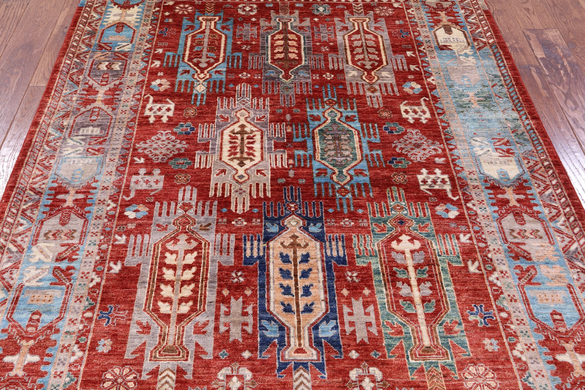 Red Persian Fine Serapi Hand Knotted Wool Rug - 5' 0" X 6' 10" - Golden Nile