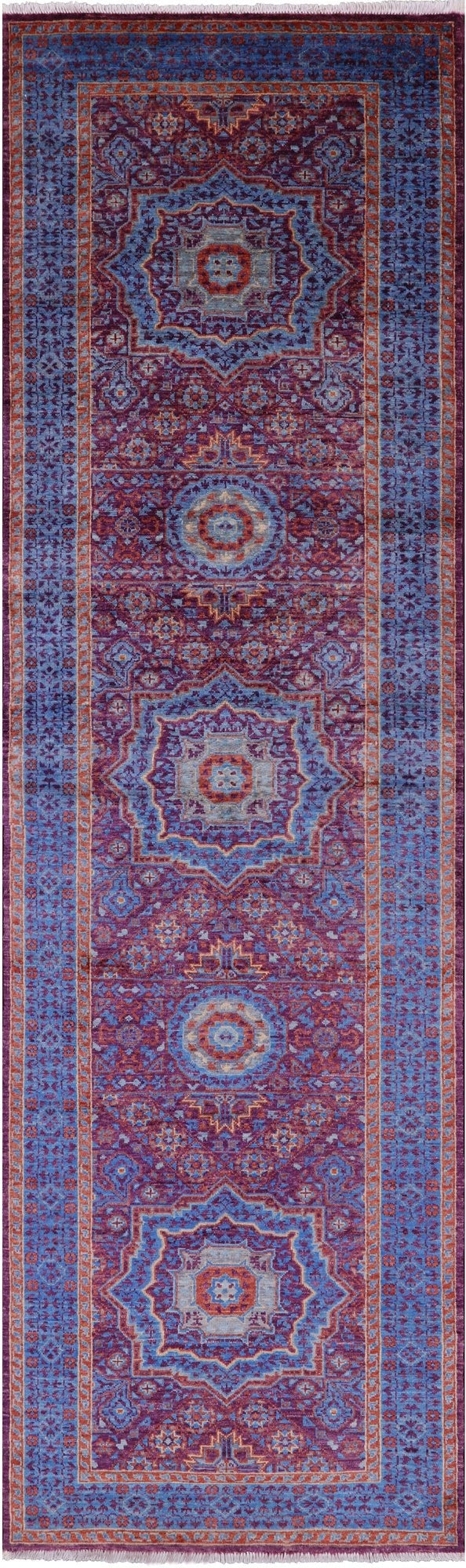 Purple Geometric Persian Mamluk Hand Knotted Wool Runner Rug - 2' 10" X 9' 7" - Golden Nile
