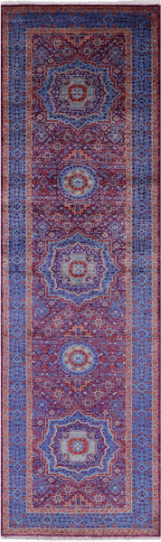 Purple Geometric Persian Mamluk Hand Knotted Wool Runner Rug - 2' 10" X 9' 7" - Golden Nile
