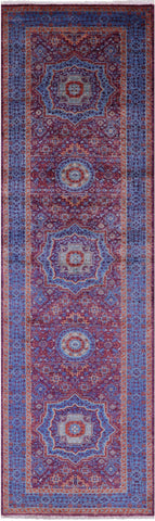 Purple Geometric Persian Mamluk Hand Knotted Wool Runner Rug - 2' 10