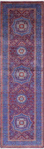 Purple Geometric Persian Mamluk Hand Knotted Wool Runner Rug - 2' 9" X 9' 7" - Golden Nile