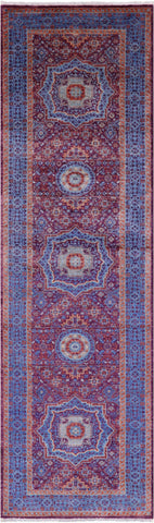 Purple Geometric Persian Mamluk Hand Knotted Wool Runner Rug - 2' 9