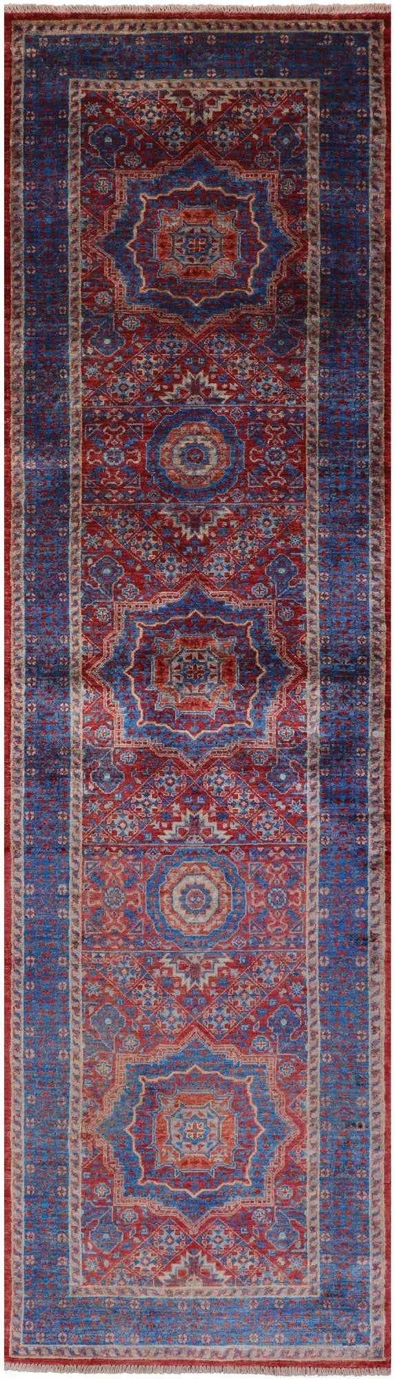 Red Geometric Persian Mamluk Hand Knotted Wool Runner Rug - 2' 8" X 9' 10" - Golden Nile