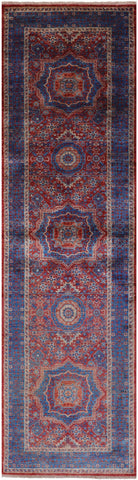 Red Geometric Persian Mamluk Hand Knotted Wool Runner Rug - 2' 8