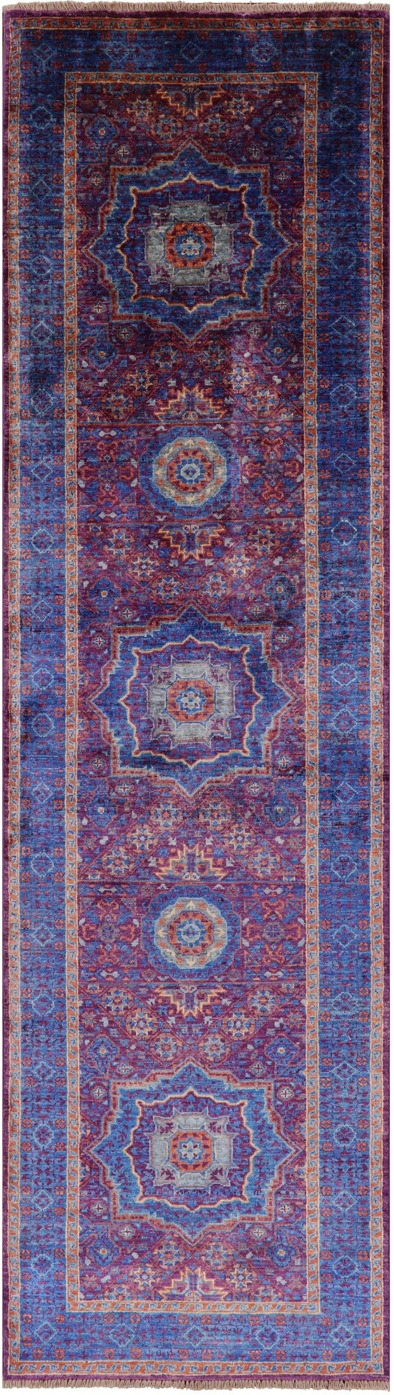 Purple Geometric Persian Mamluk Hand Knotted Wool Runner Rug - 2' 8" X 9' 11" - Golden Nile