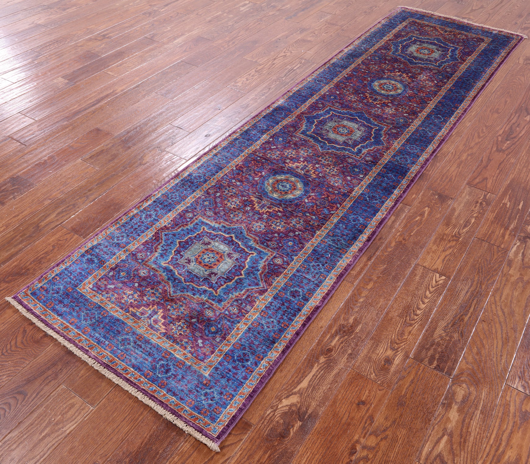 Purple Geometric Persian Mamluk Hand Knotted Wool Runner Rug - 2' 8" X 9' 11" - Golden Nile