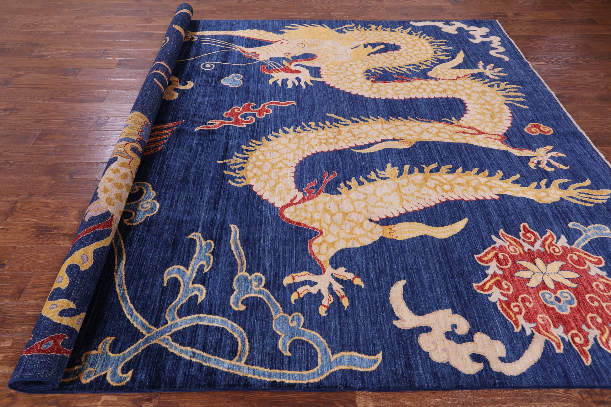 Blue Dragon And Phoenix Design Hand Knotted Wool Rug - 8' 10" X 11' 7" - Golden Nile