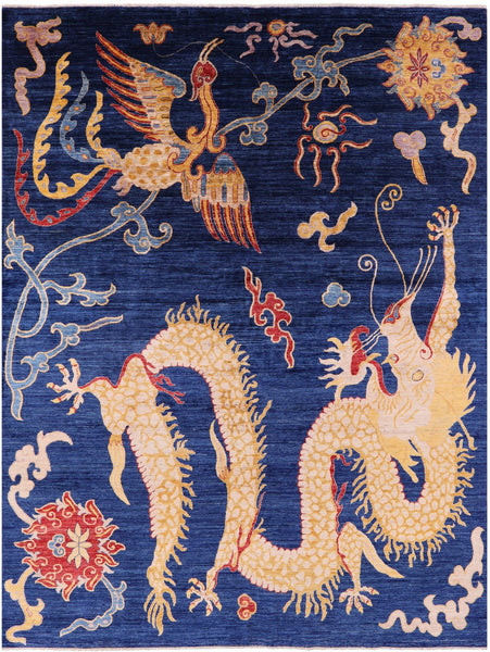 Blue Dragon And Phoenix Design Hand Knotted Wool Rug - 8' 10" X 11' 7" - Golden Nile