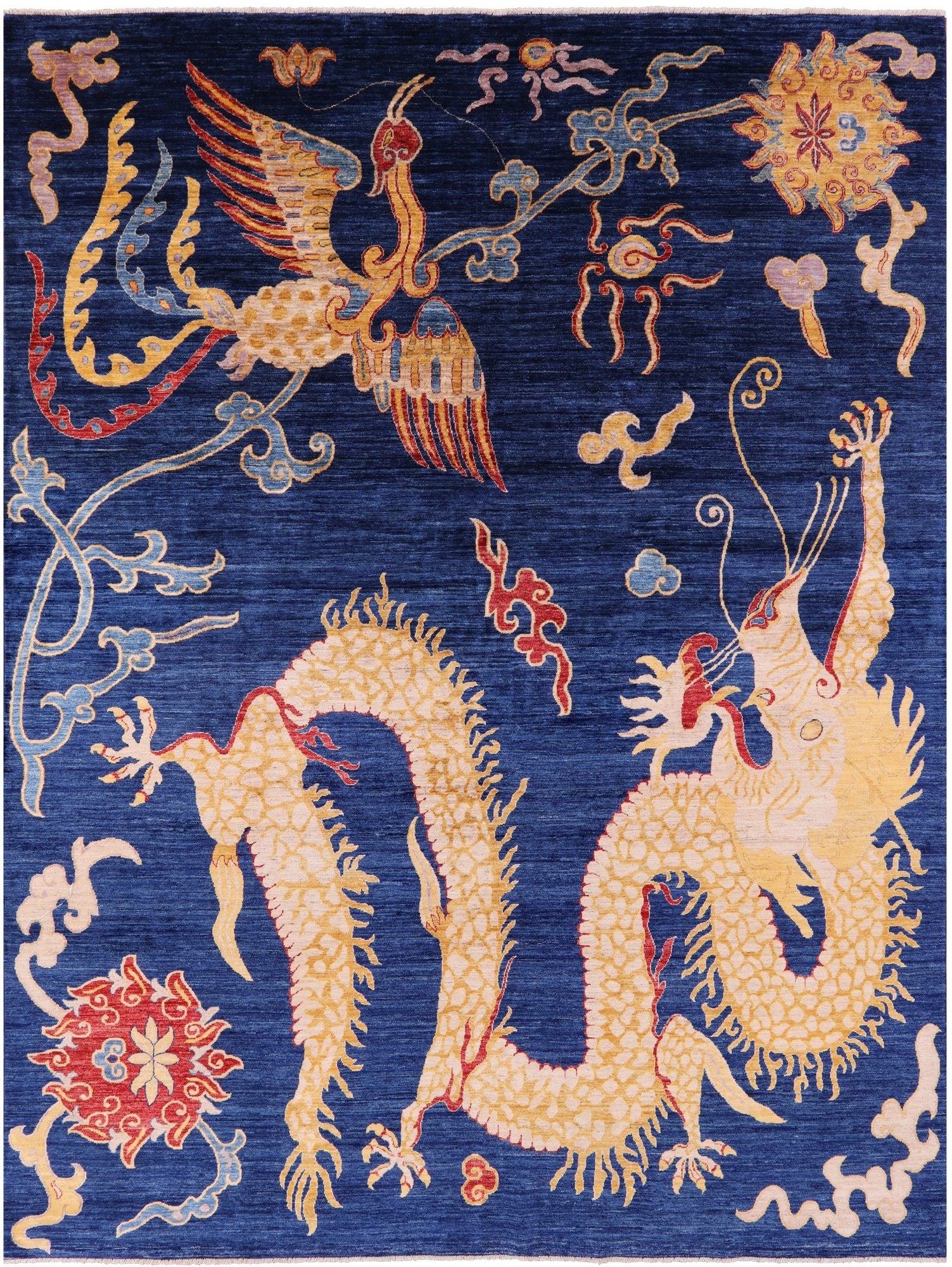 Blue Dragon And Phoenix Design Hand Knotted Wool Rug - 8' 10" X 11' 7" - Golden Nile