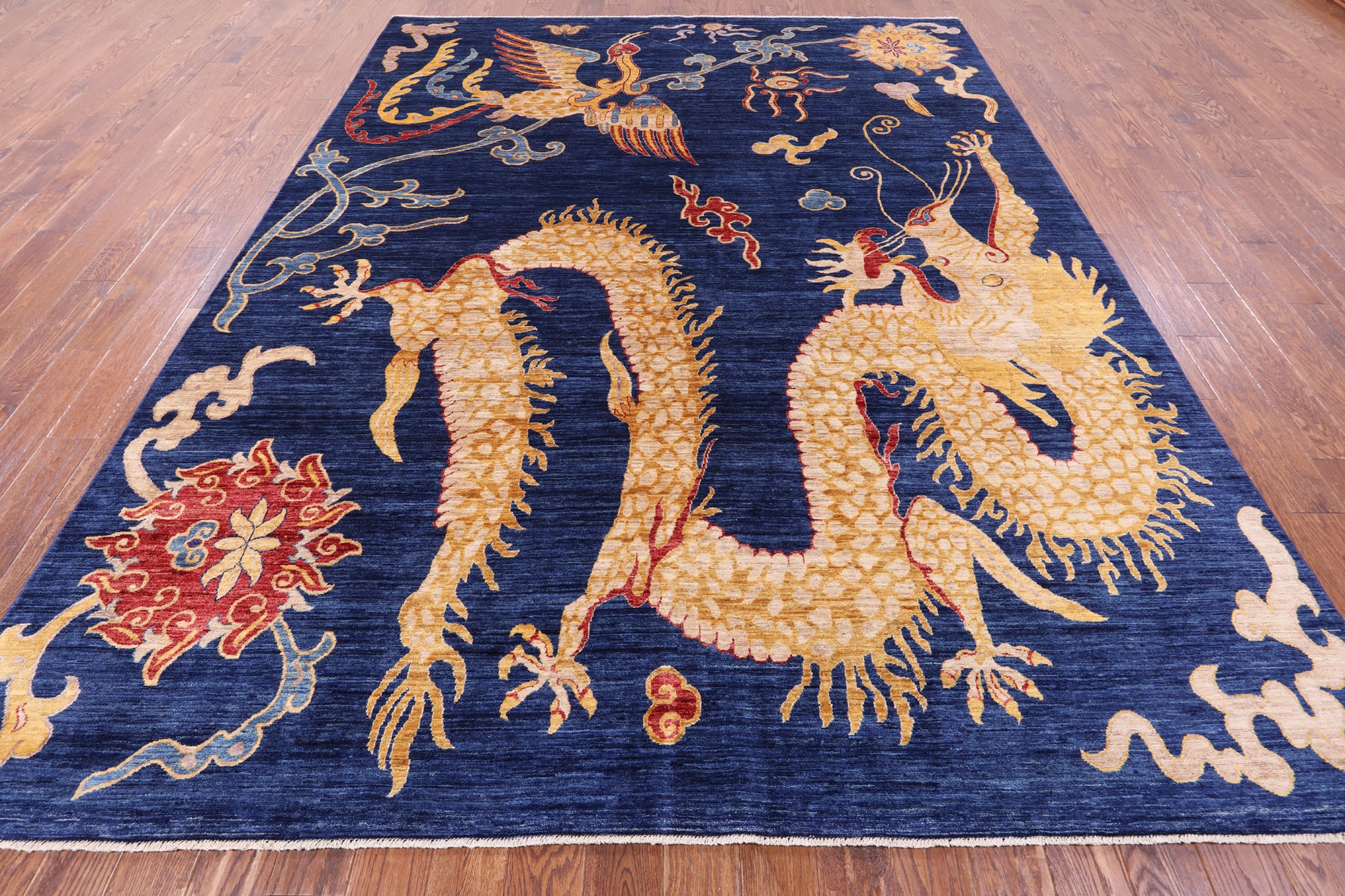 Blue Dragon And Phoenix Design Hand Knotted Wool Rug - 8' 10" X 11' 7" - Golden Nile