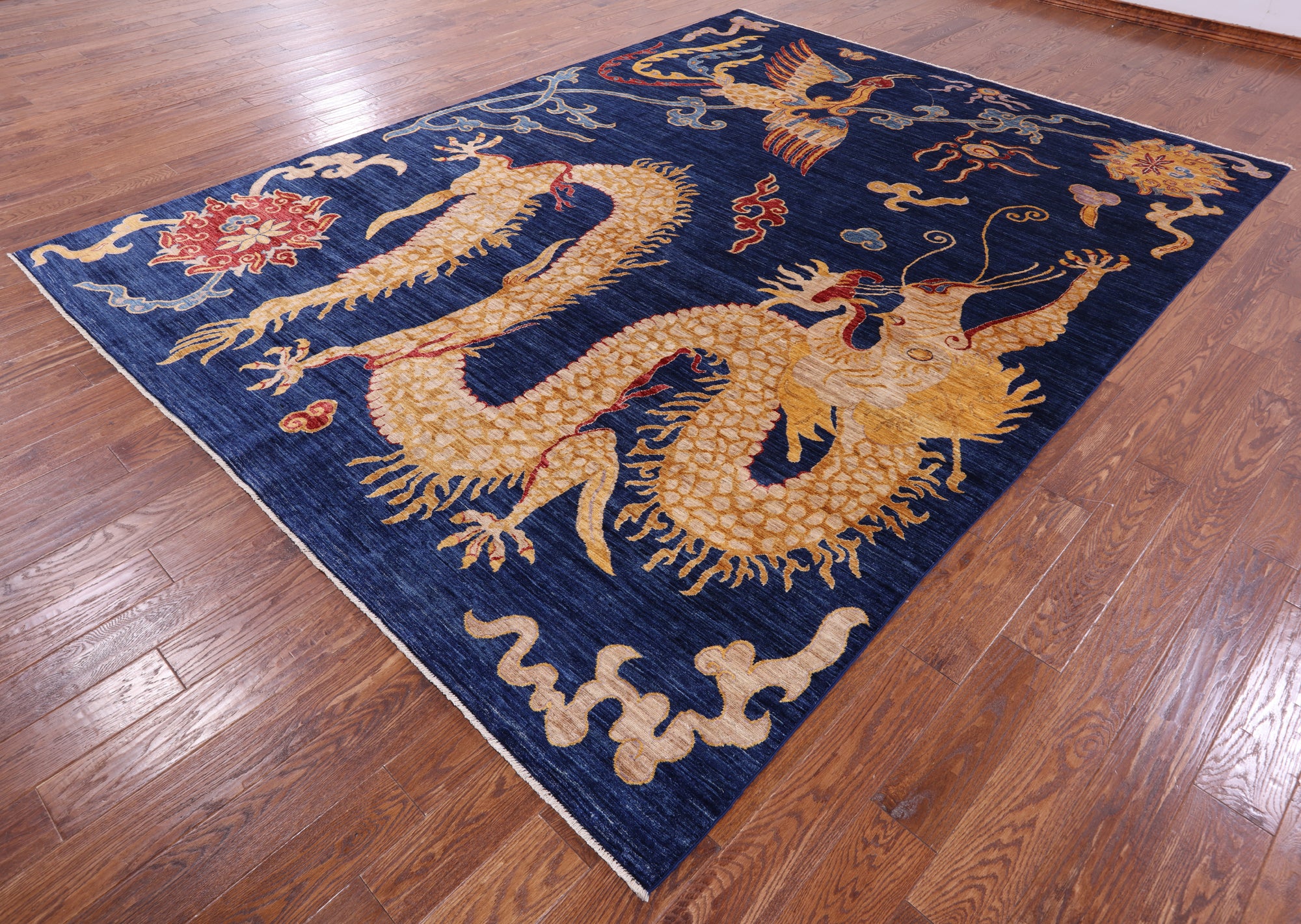 Blue Dragon And Phoenix Design Hand Knotted Wool Rug - 8' 10" X 11' 7" - Golden Nile