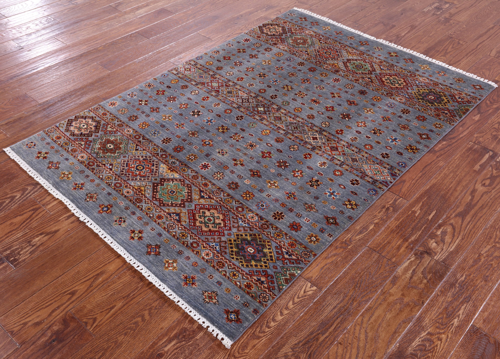 Grey Khorjin Persian Gabbeh Hand Knotted Wool Rug - 4' 1" X 5' 10" - Golden Nile
