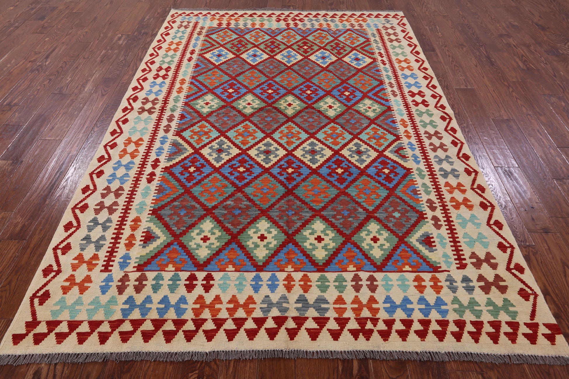Reversible Kilim Flat Weave Wool On Wool Rug - 6' 7" X 9' 5" - Golden Nile