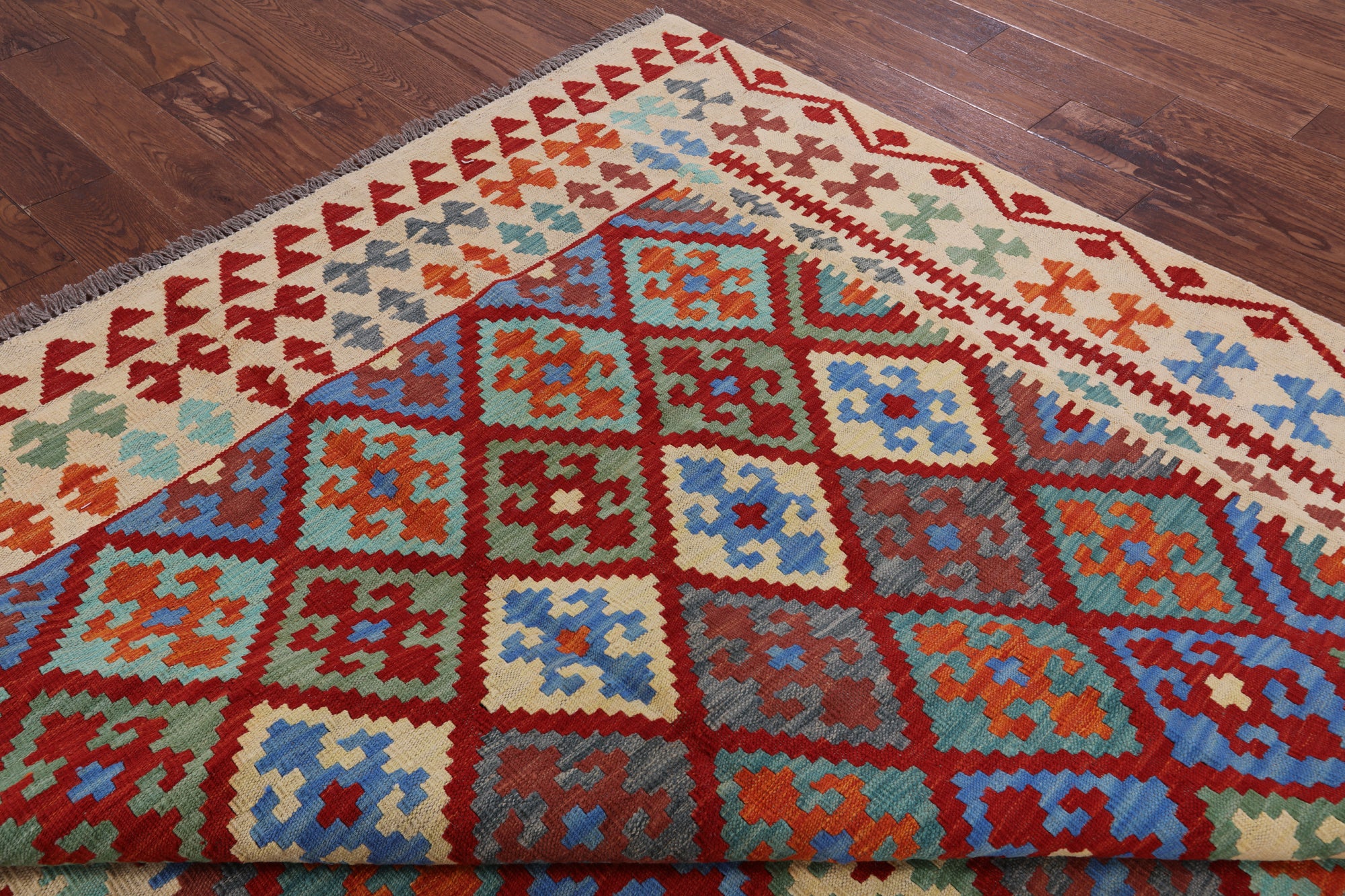 Reversible Kilim Flat Weave Wool On Wool Rug - 6' 7" X 9' 5" - Golden Nile